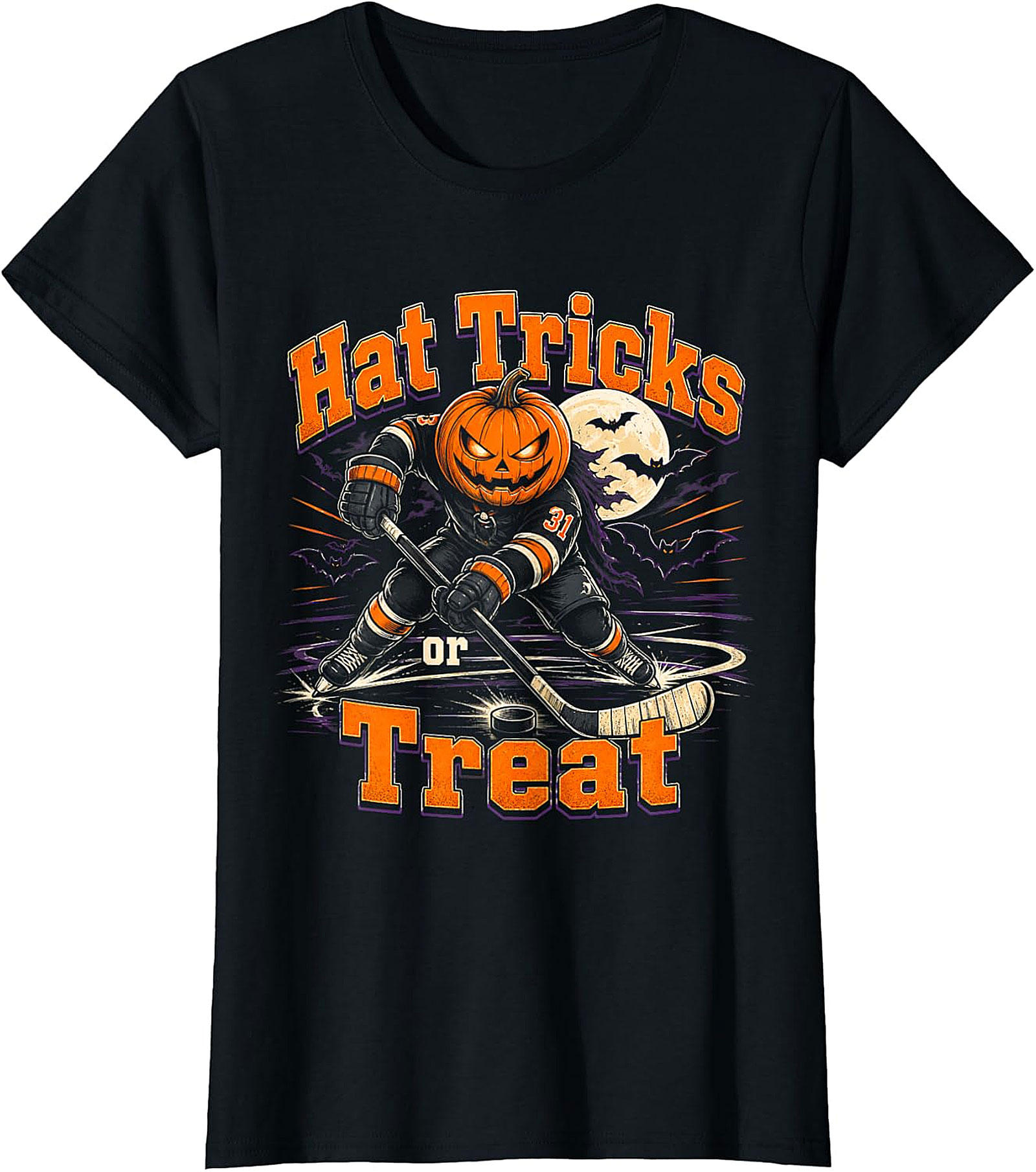  Hat Tricks or Treat Hockey Pumpkin Halloween T-Shirt
