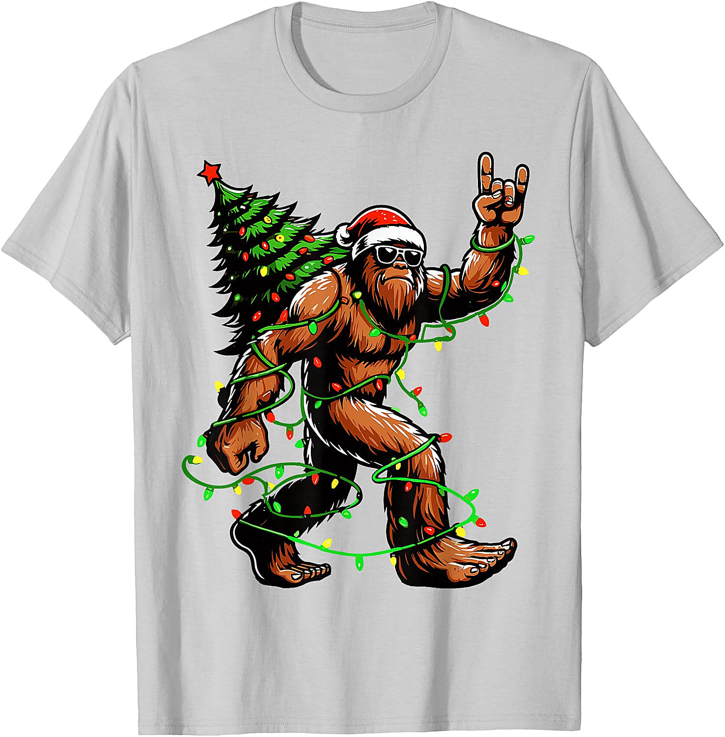  Funny Santa Bigfoot Christmas Tree Xmas Lights T-Shirt
