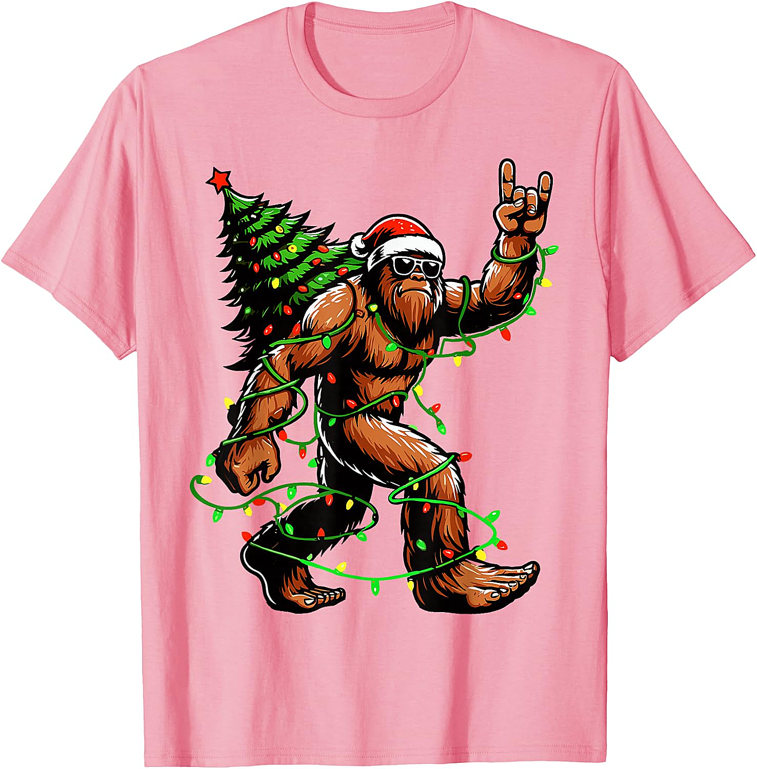  Funny Santa Bigfoot Christmas Tree Xmas Lights T-Shirt