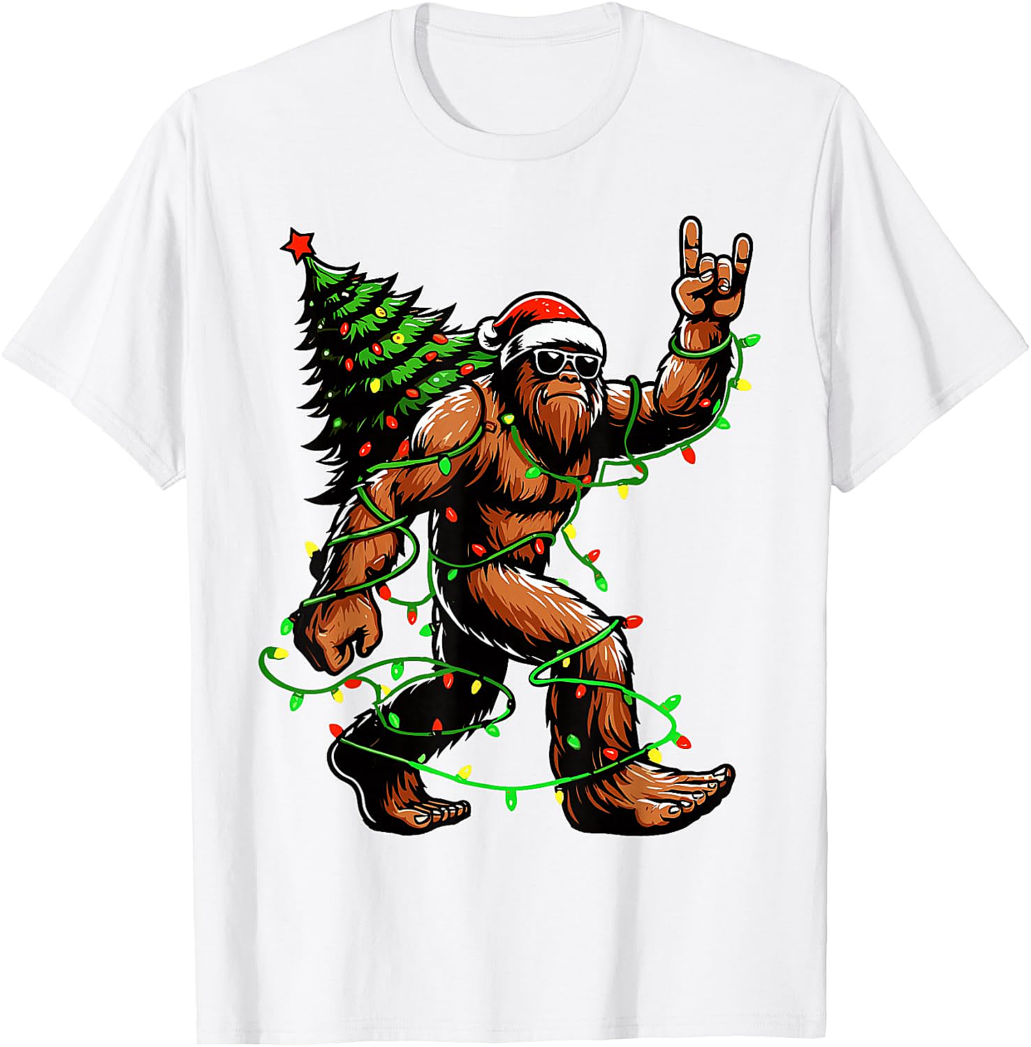  Funny Santa Bigfoot Christmas Tree Xmas Lights T-Shirt