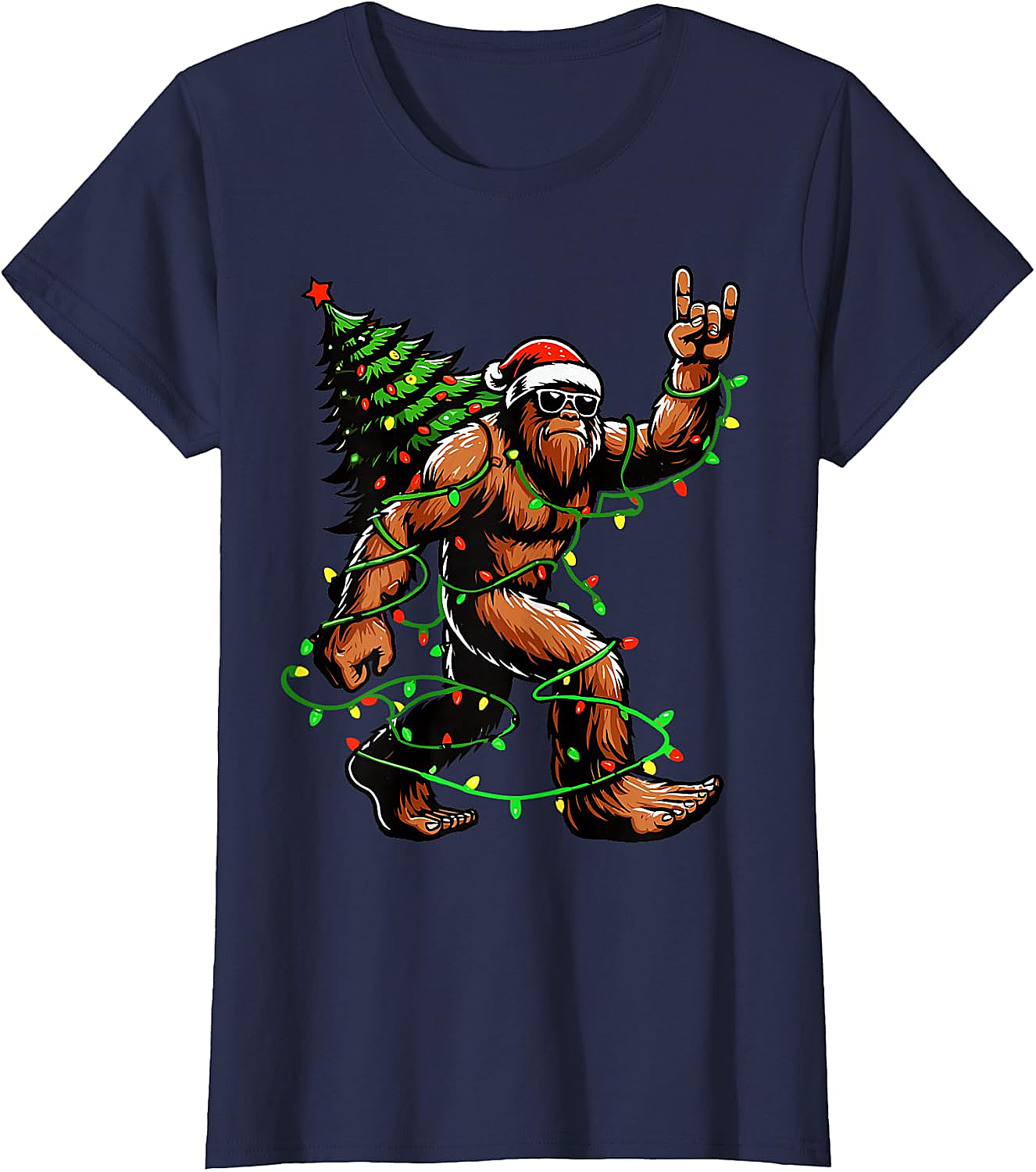  Funny Santa Bigfoot Christmas Tree Xmas Lights T-Shirt