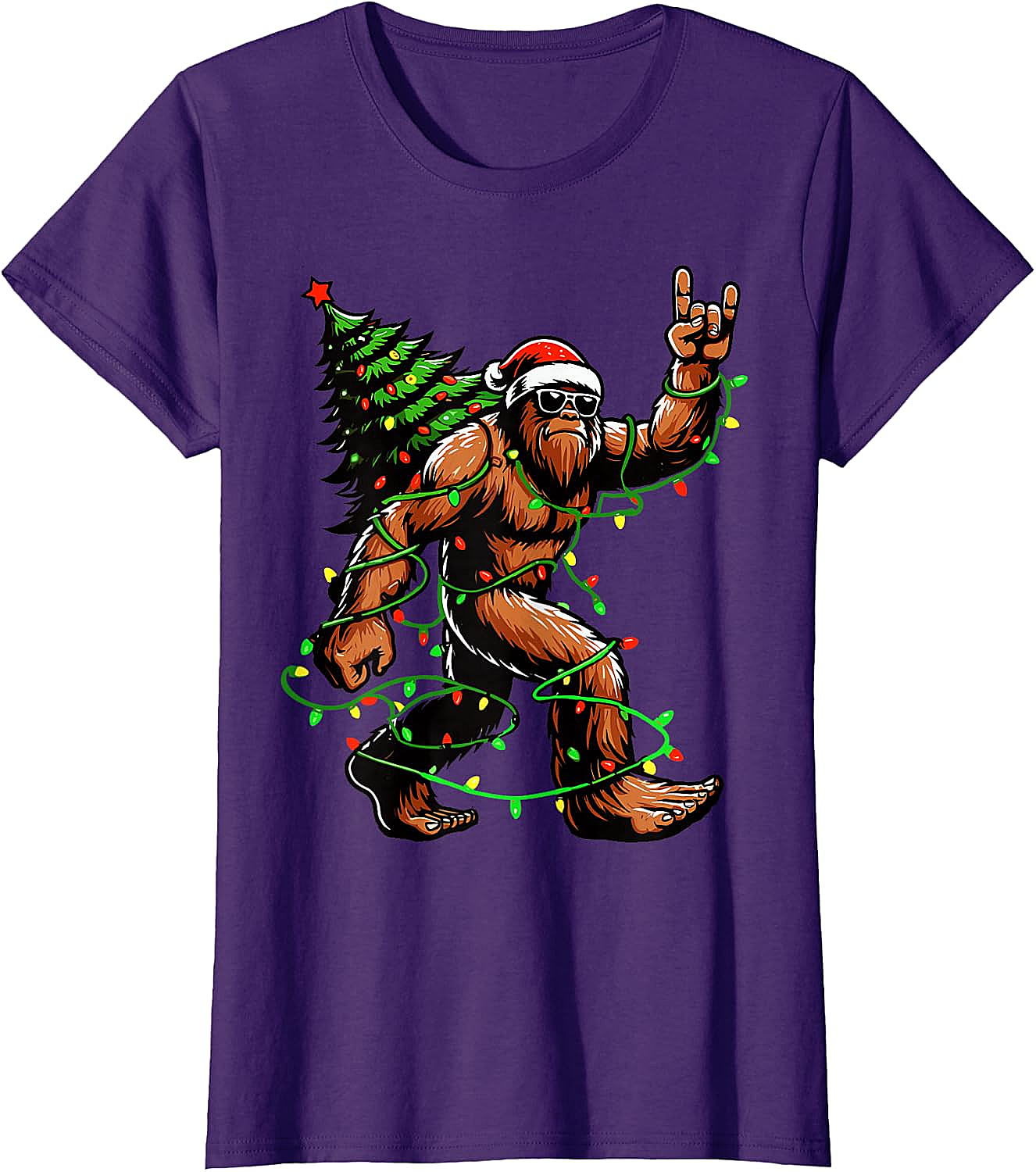 Funny Santa Bigfoot Christmas Tree Xmas Lights T-Shirt
