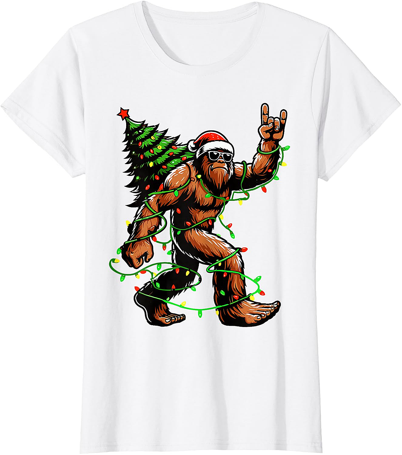  Funny Santa Bigfoot Christmas Tree Xmas Lights T-Shirt