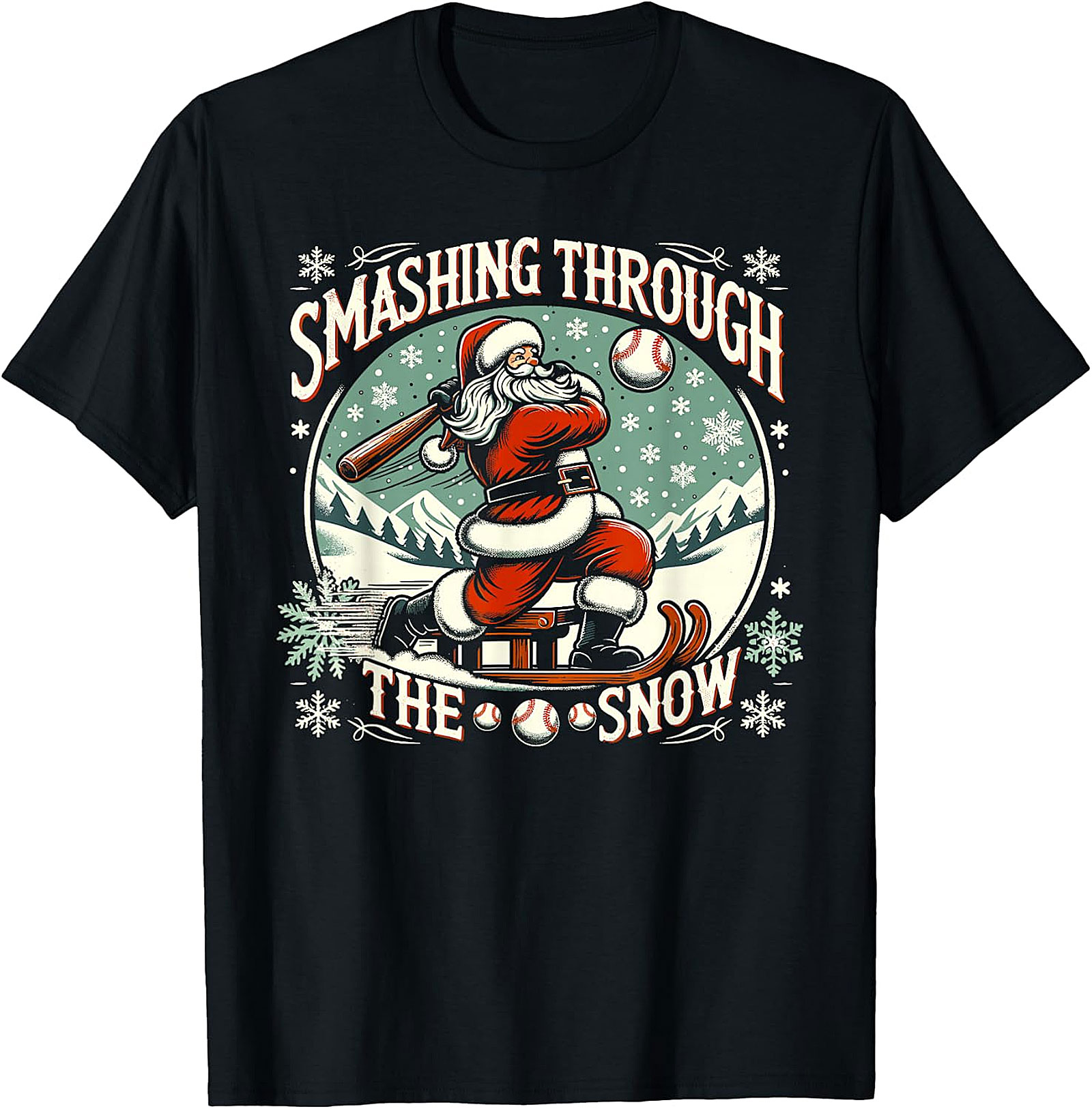 Santa Baseball Christmas T-Shirt - Smashing Through The Snow