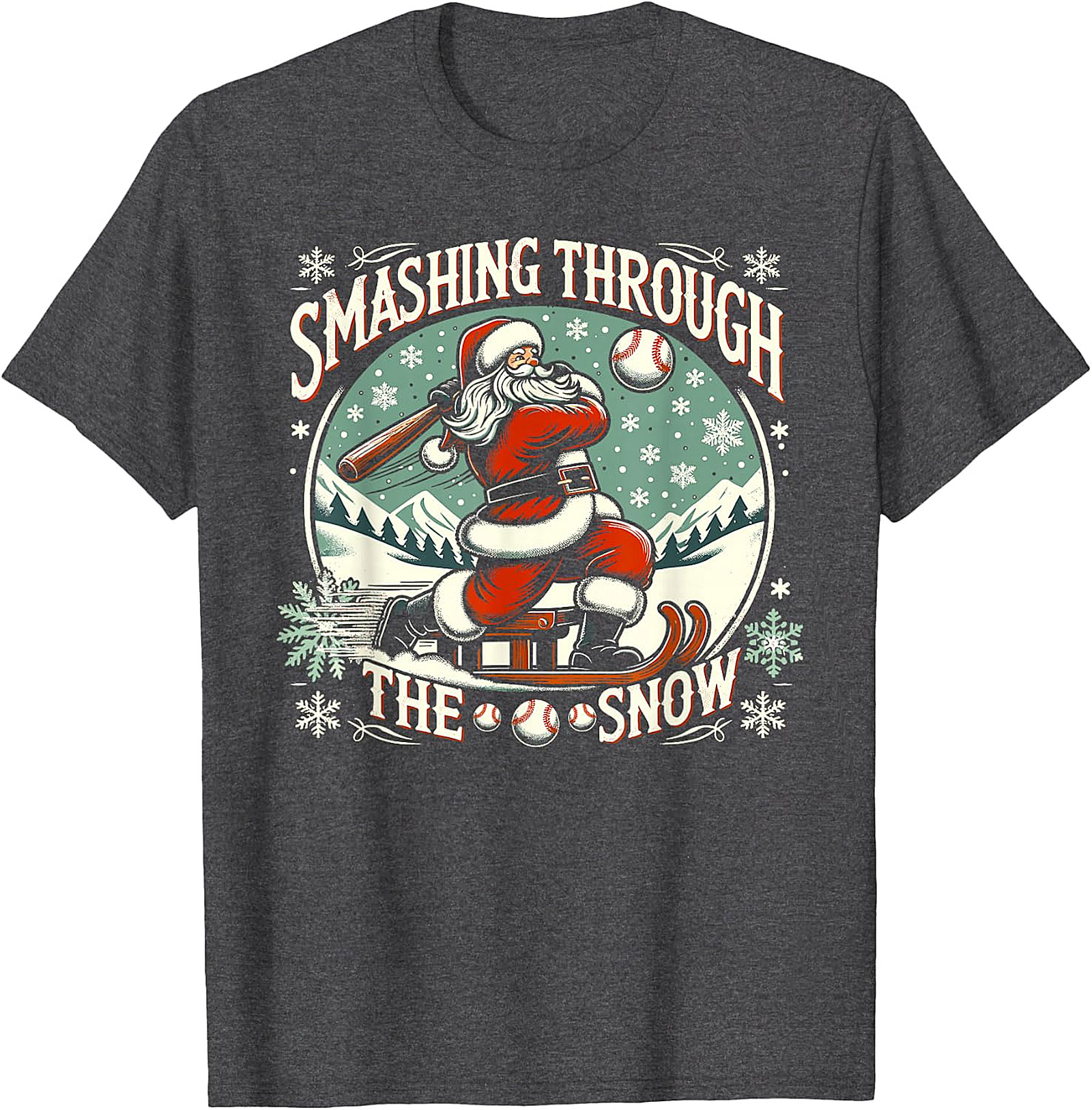 Santa Baseball Christmas T-Shirt - Smashing Through The Snow