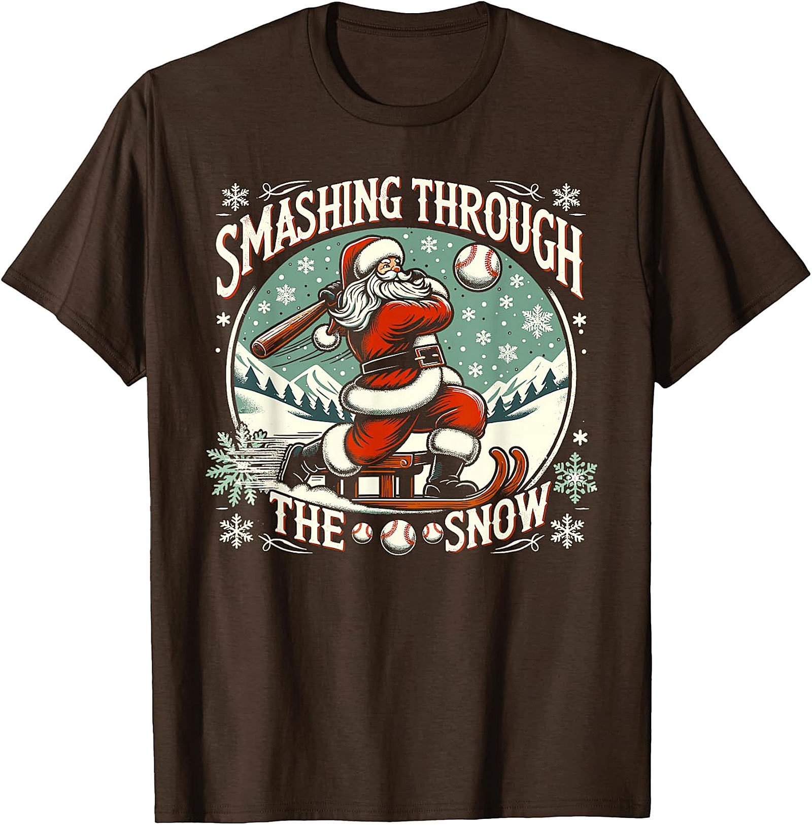 Santa Baseball Christmas T-Shirt - Smashing Through The Snow