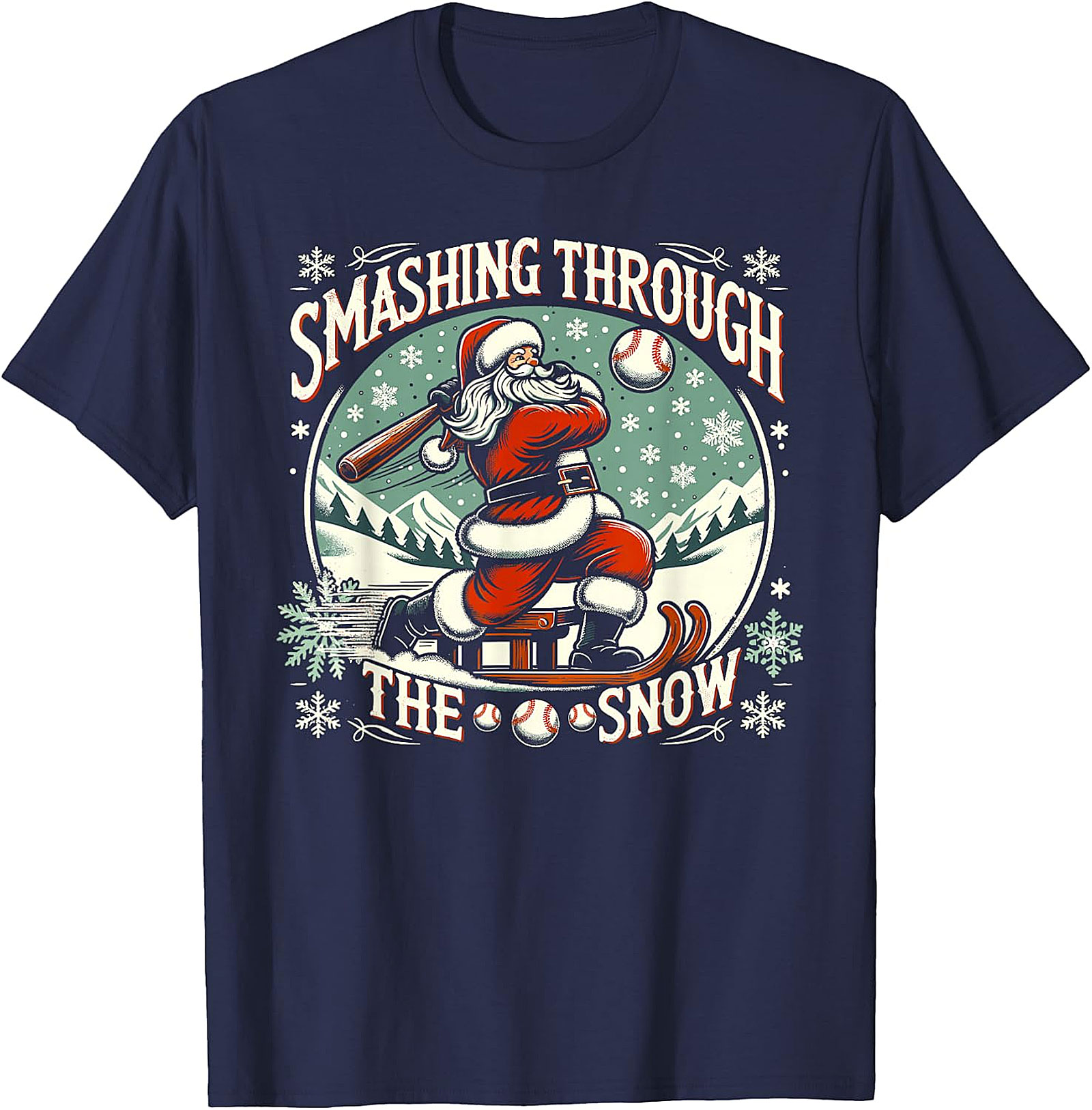 Santa Baseball Christmas T-Shirt - Smashing Through The Snow