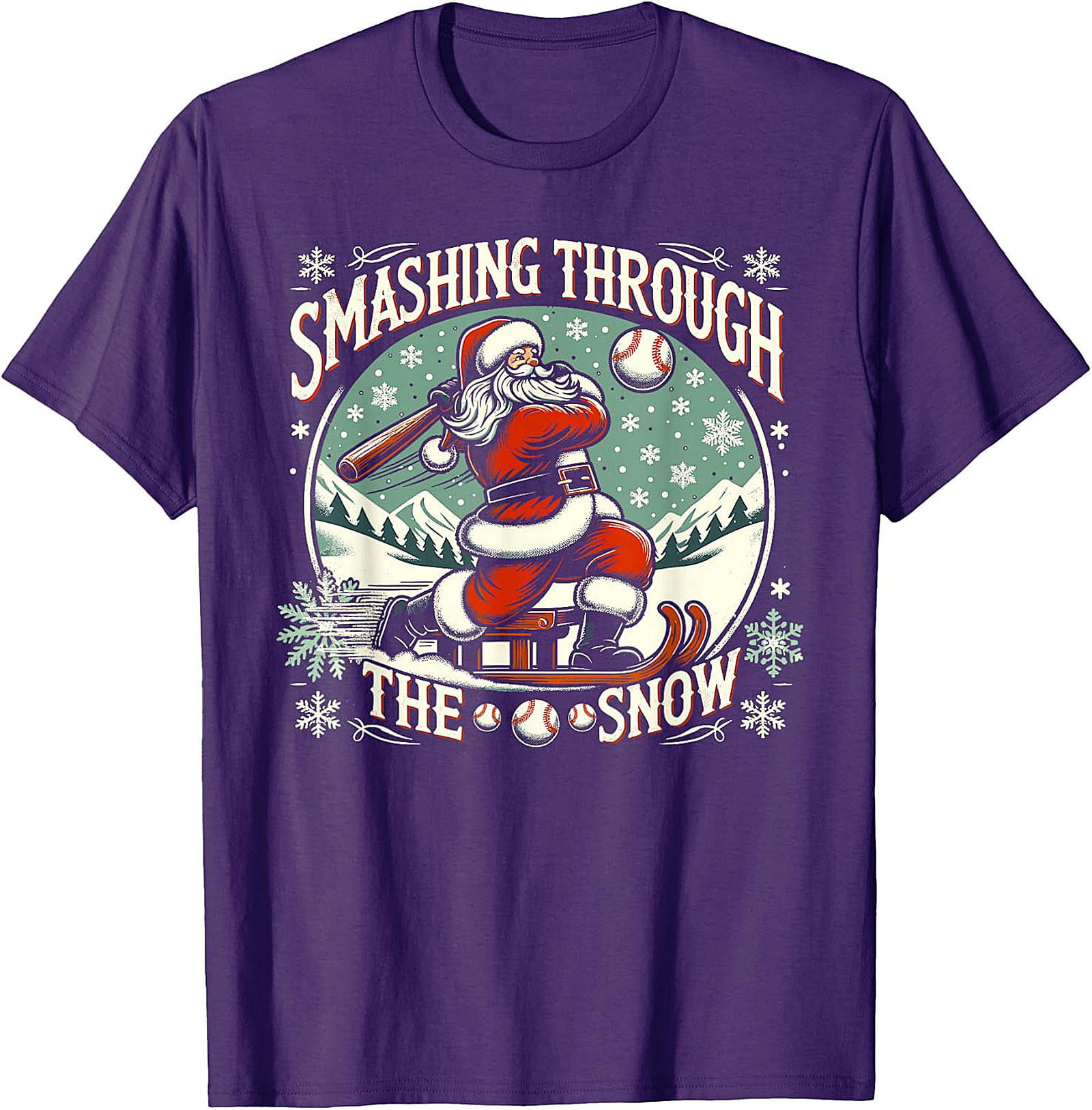Santa Baseball Christmas T-Shirt - Smashing Through The Snow