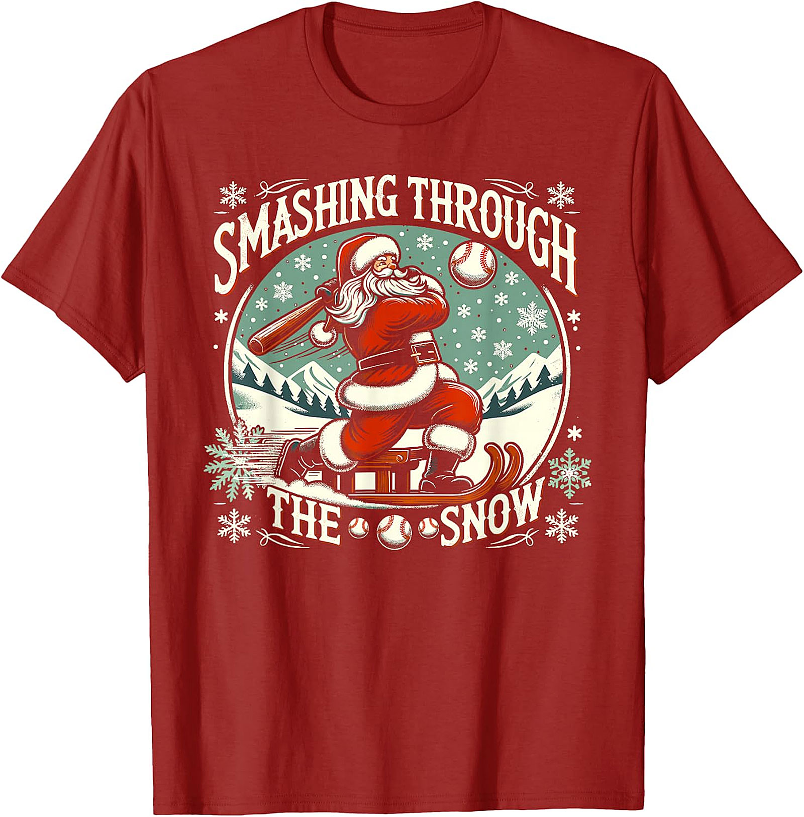 Santa Baseball Christmas T-Shirt - Smashing Through The Snow