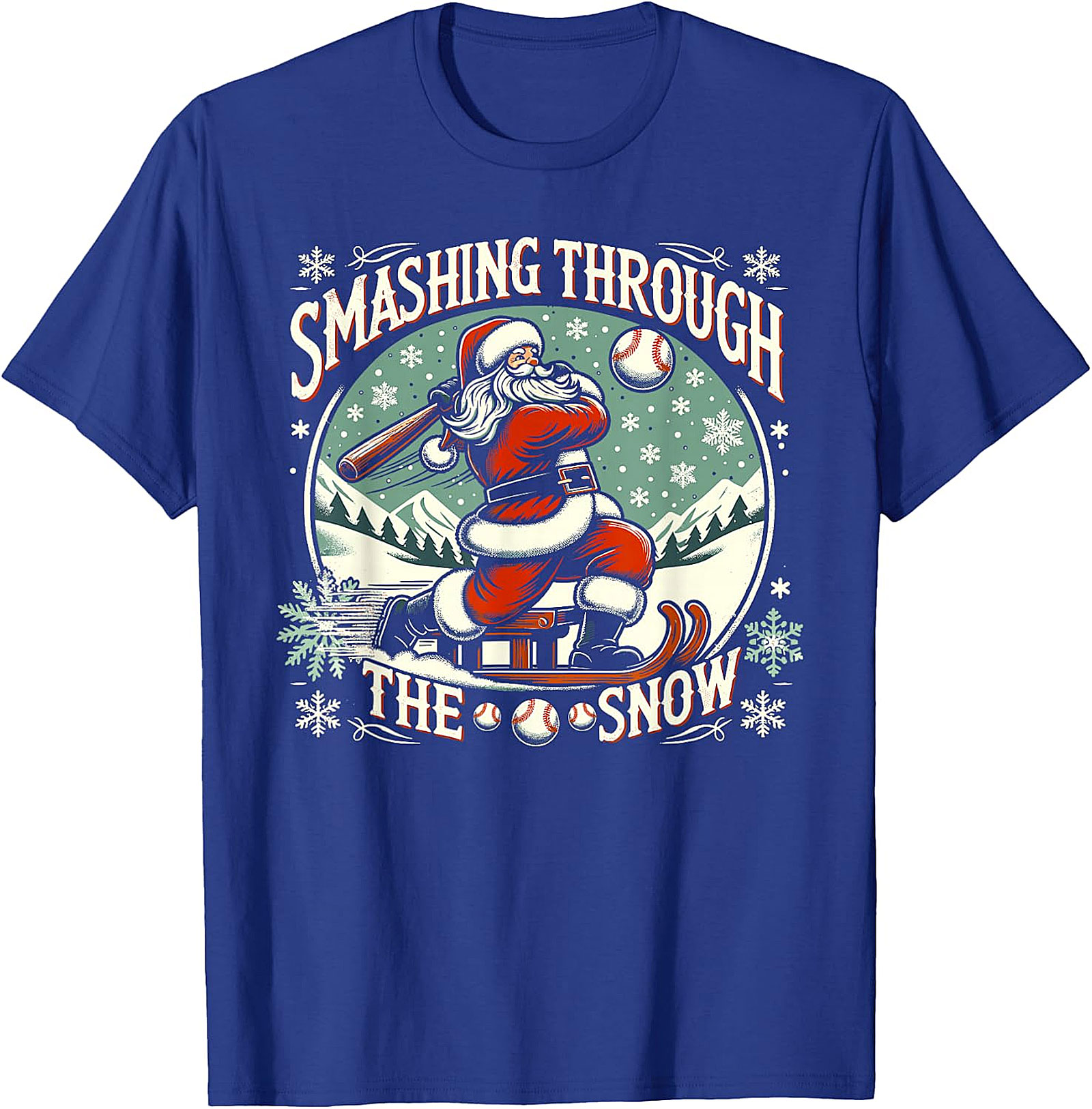 Santa Baseball Christmas T-Shirt - Smashing Through The Snow