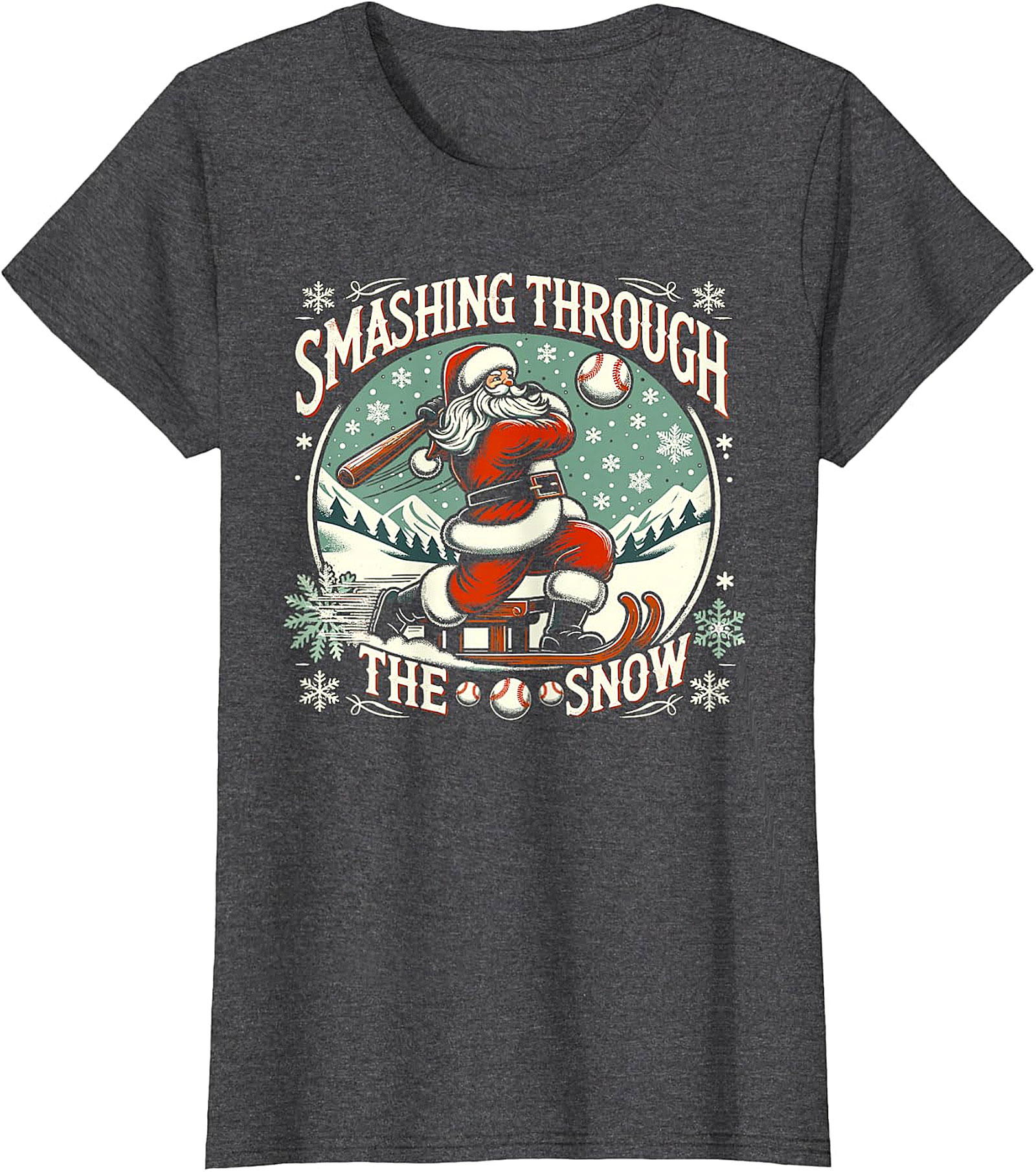 Santa Baseball Christmas T-Shirt - Smashing Through The Snow
