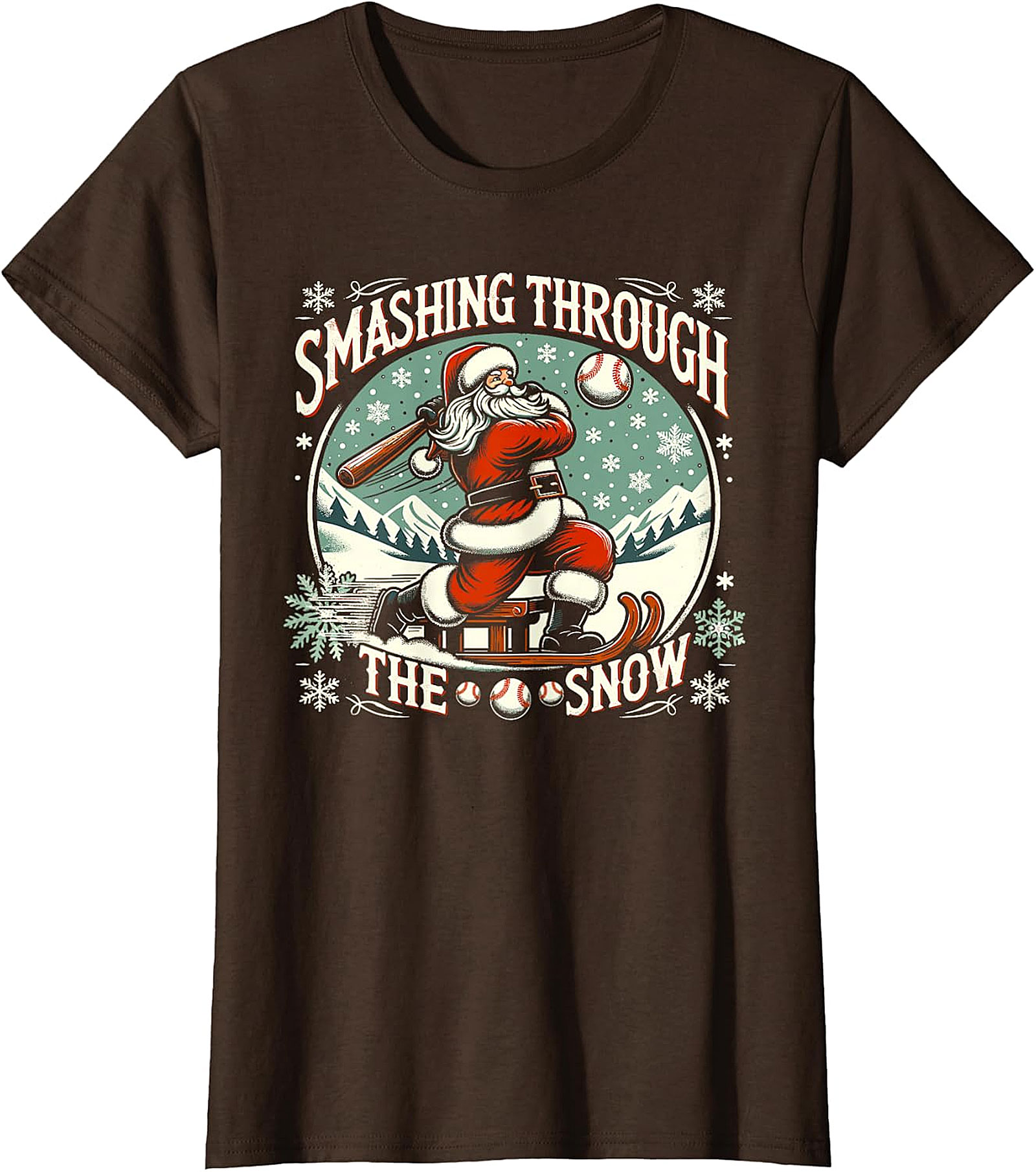 Santa Baseball Christmas T-Shirt - Smashing Through The Snow