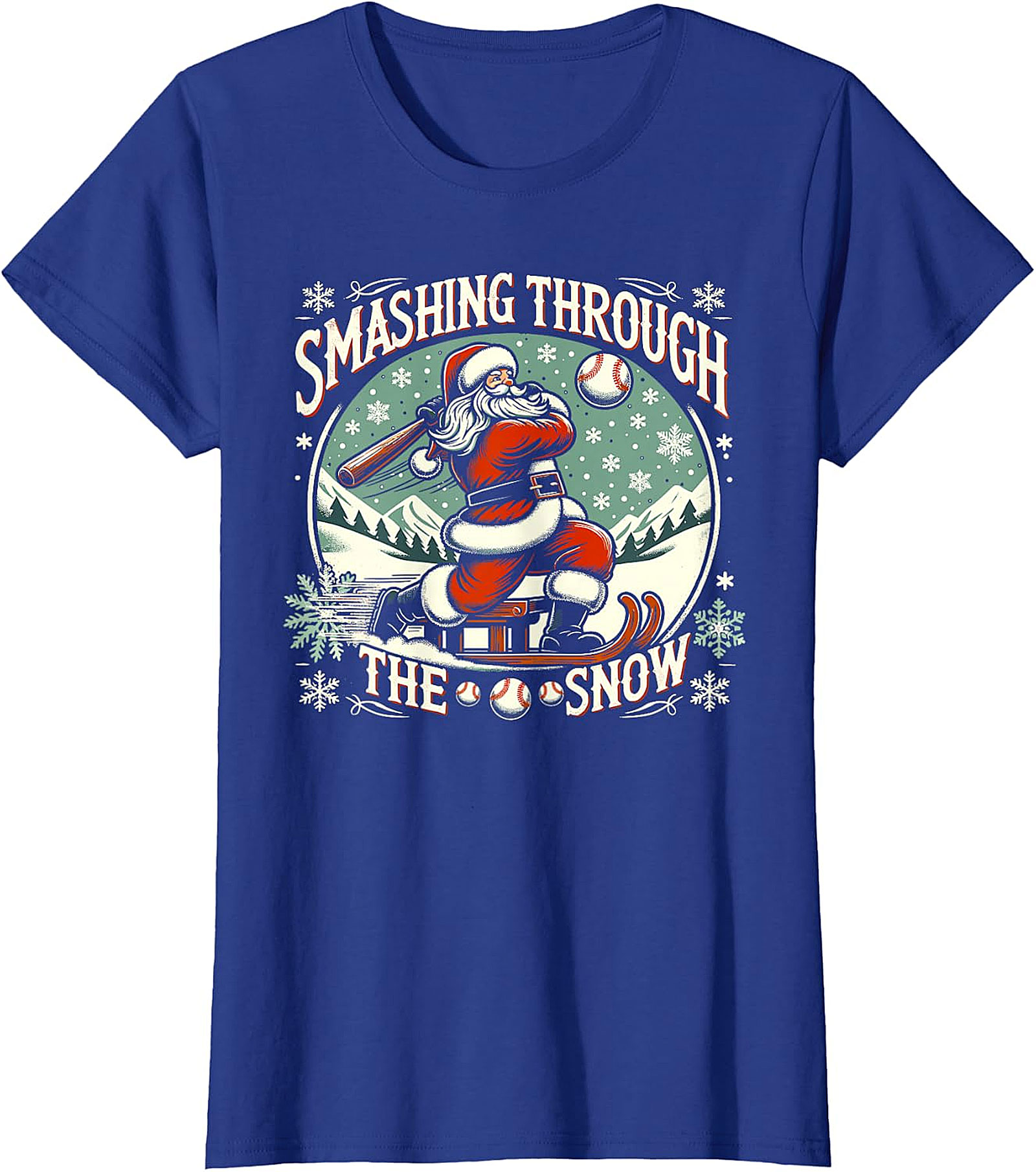 Santa Baseball Christmas T-Shirt - Smashing Through The Snow