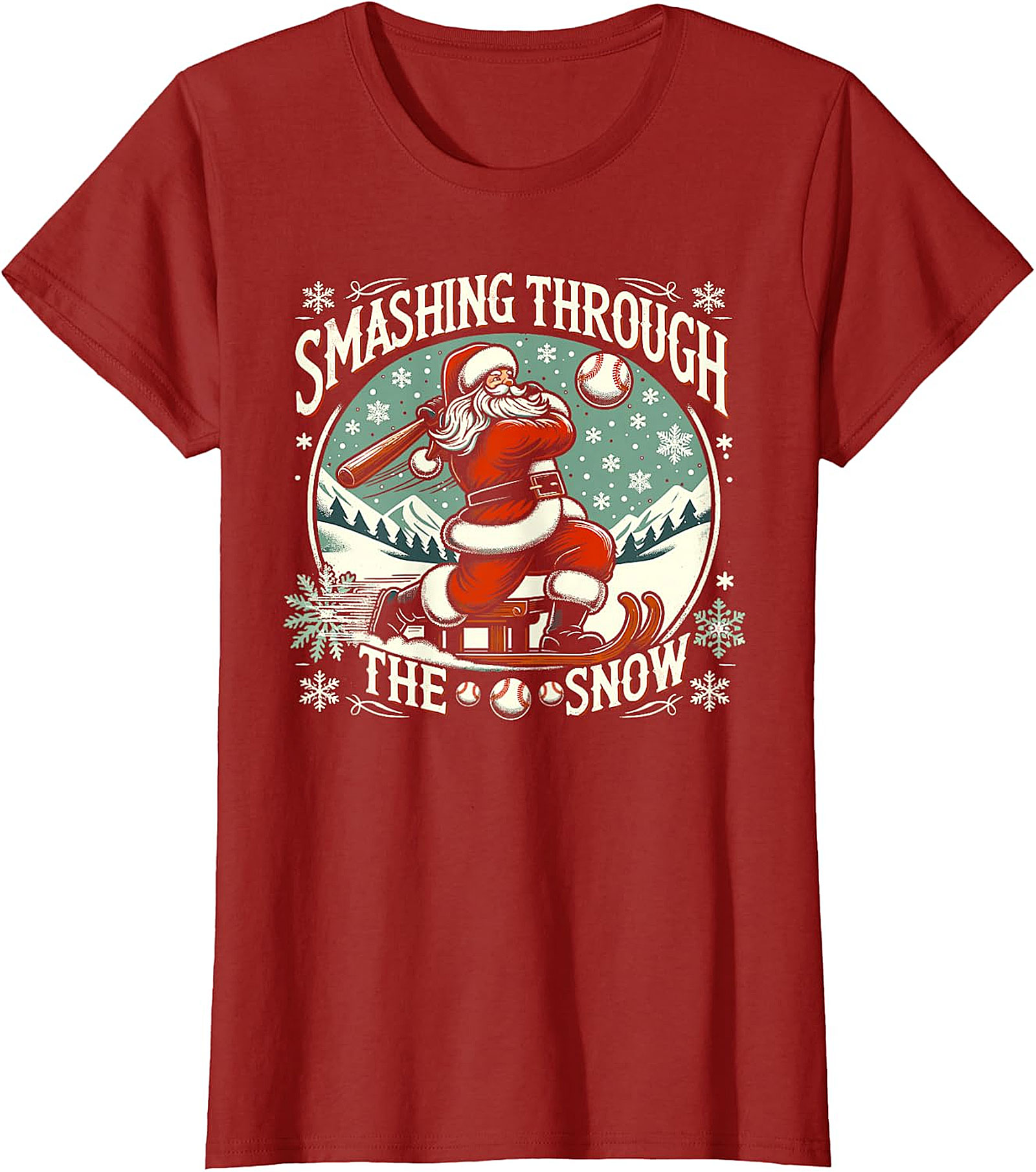 Santa Baseball Christmas T-Shirt - Smashing Through The Snow