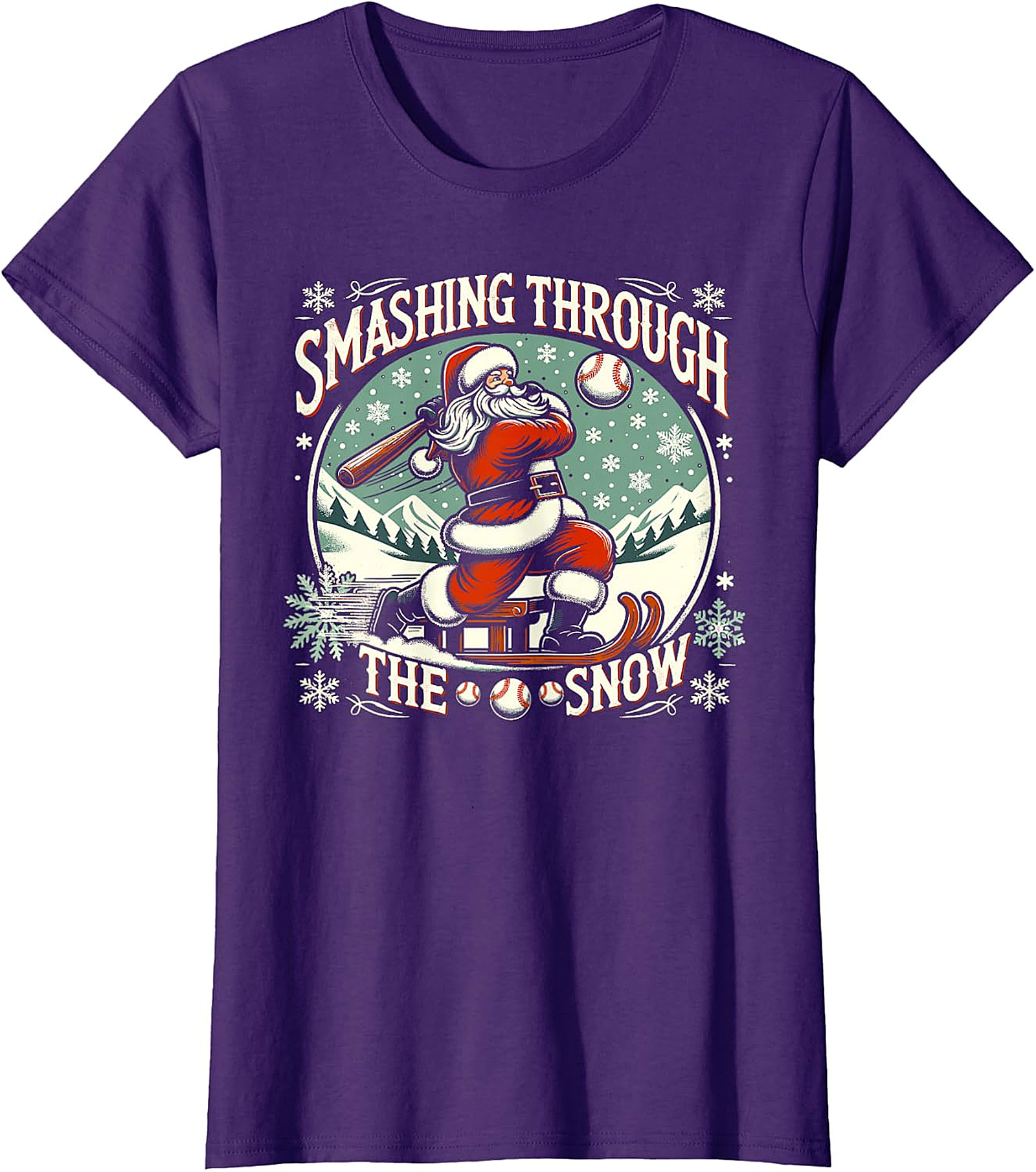 Santa Baseball Christmas T-Shirt - Smashing Through The Snow