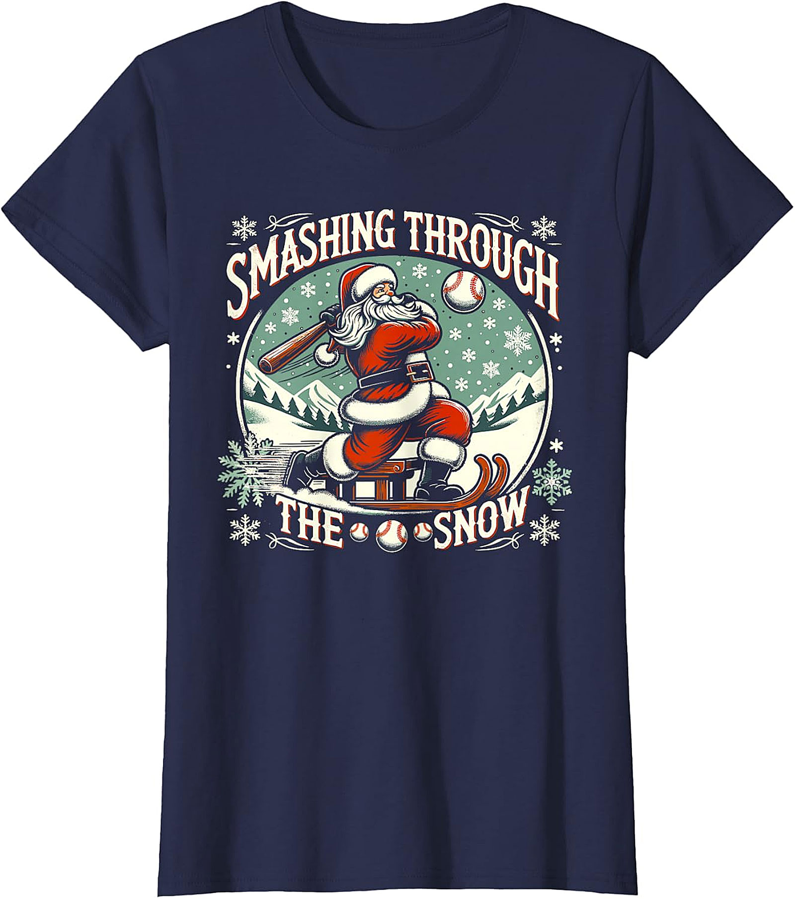 Santa Baseball Christmas T-Shirt - Smashing Through The Snow