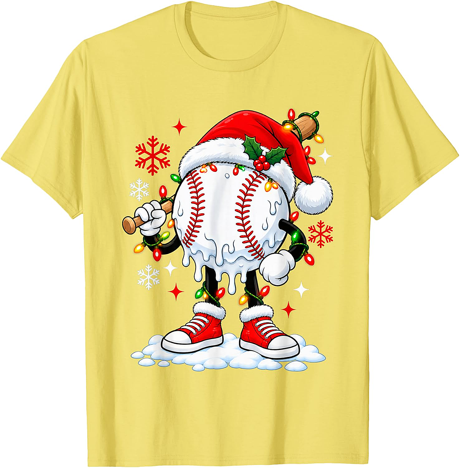 Christmas Baseball Santa Hat Funny Lights T-Shirt