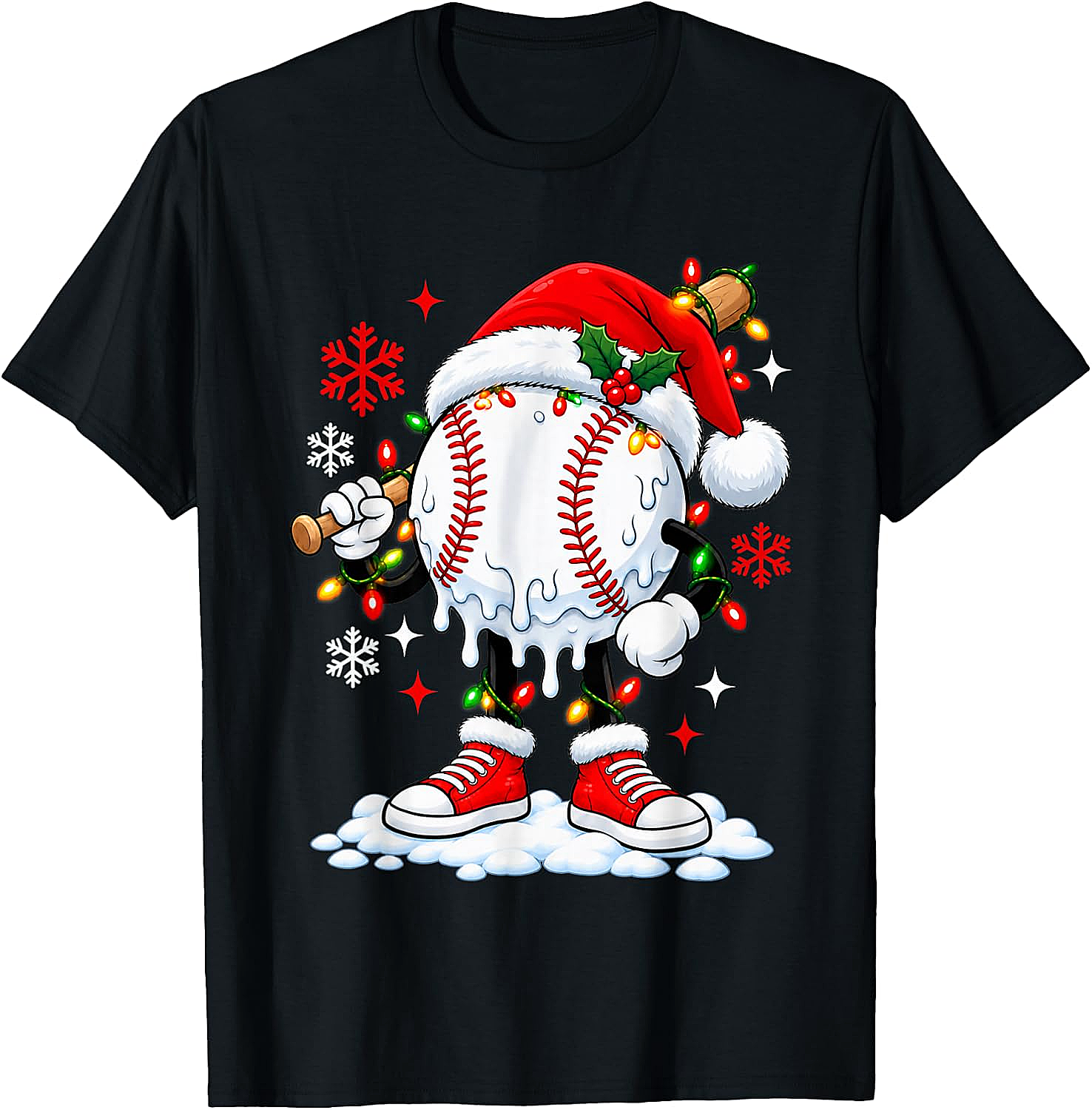 Christmas Baseball Santa Hat Funny Lights T-Shirt