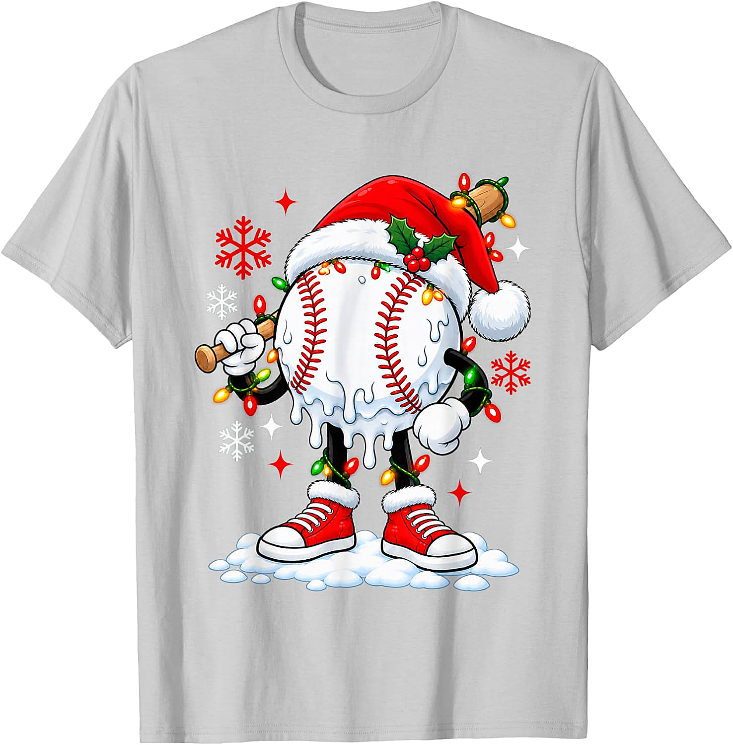 Christmas Baseball Santa Hat Funny Lights T-Shirt
