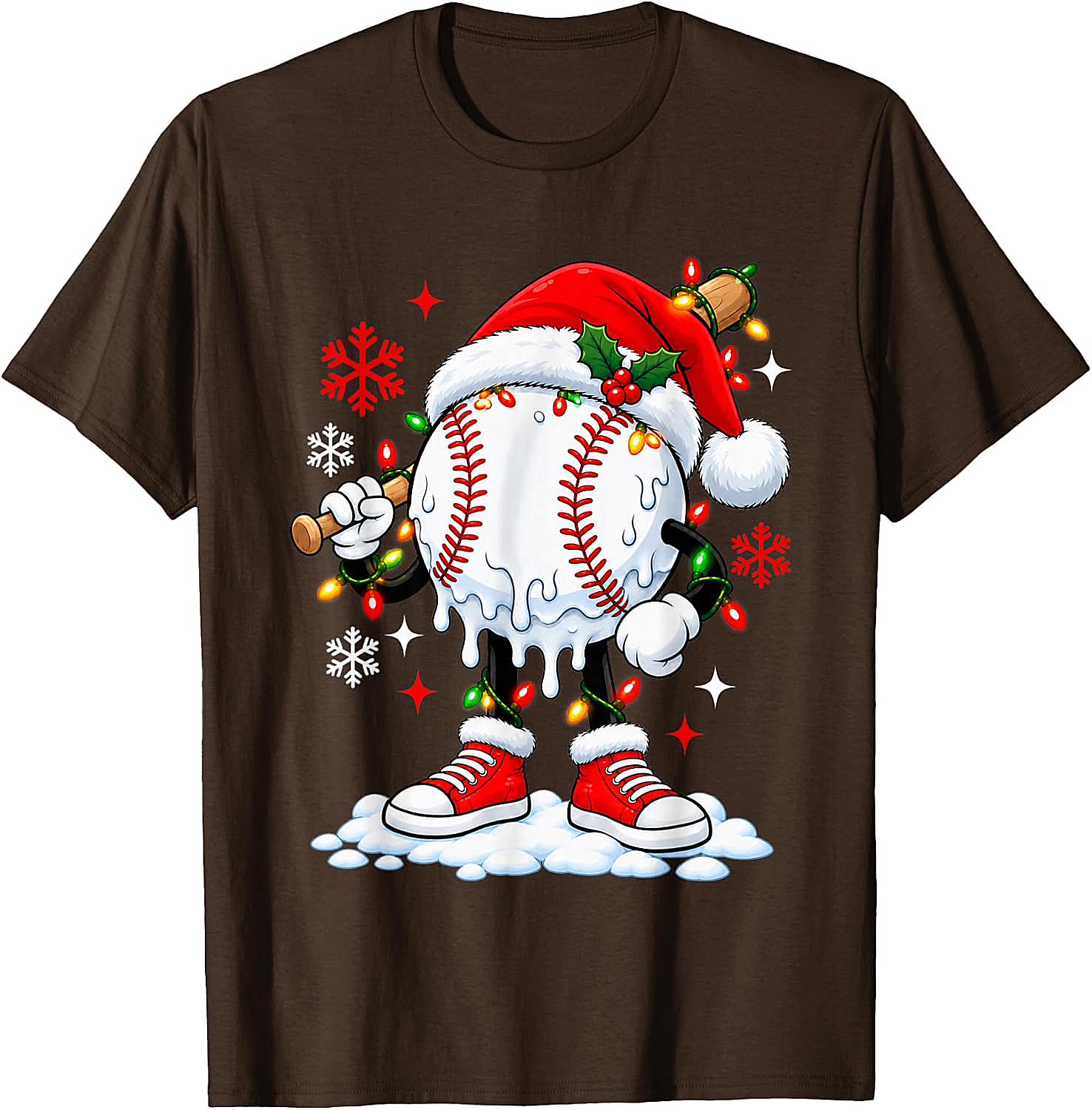 Christmas Baseball Santa Hat Funny Lights T-Shirt