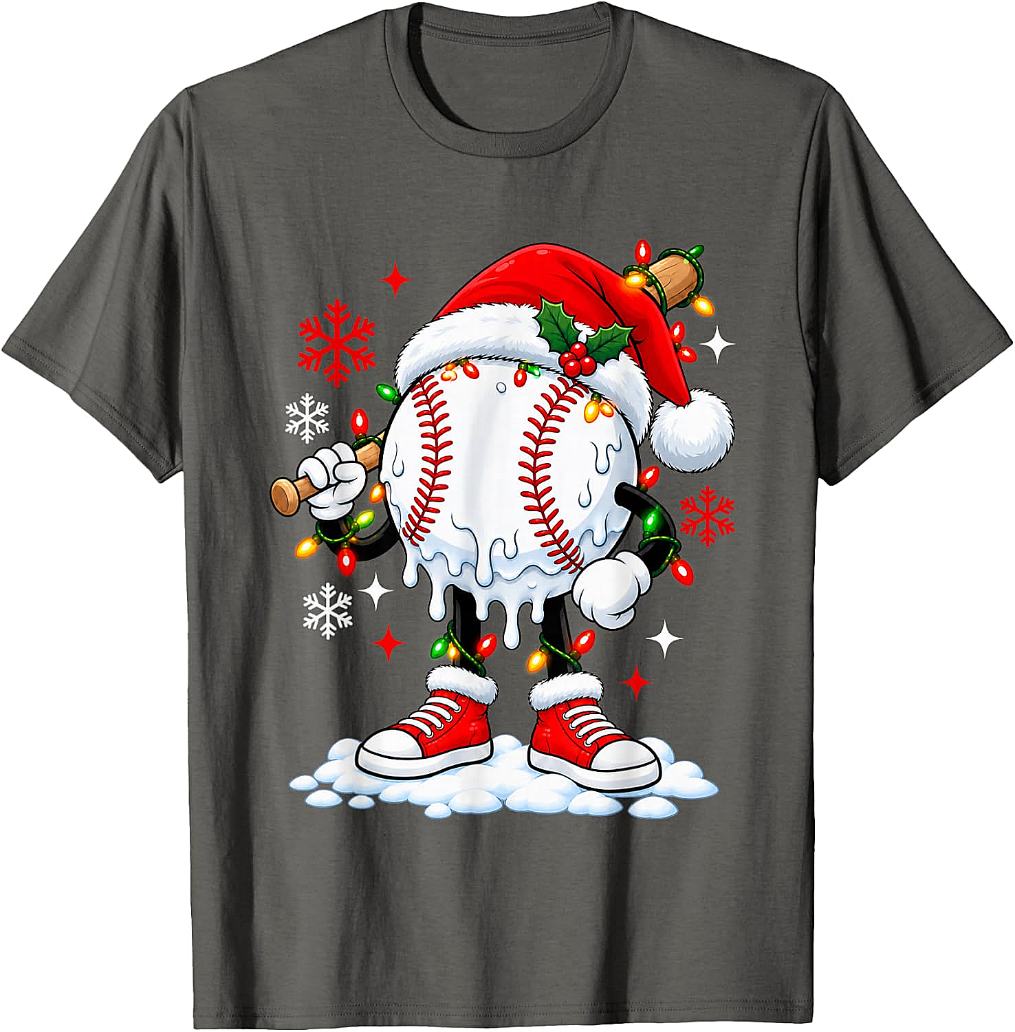 Christmas Baseball Santa Hat Funny Lights T-Shirt