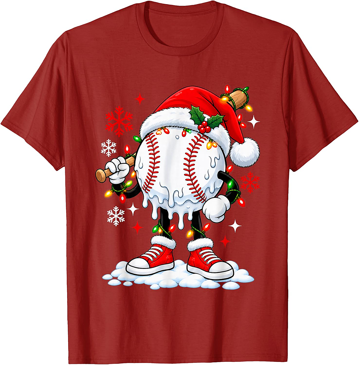 Christmas Baseball Santa Hat Funny Lights T-Shirt