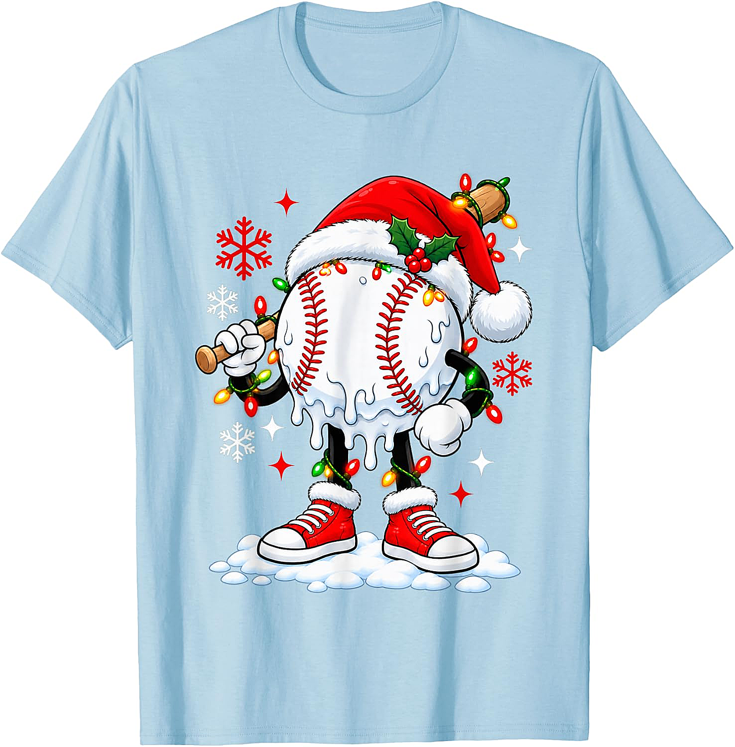 Christmas Baseball Santa Hat Funny Lights T-Shirt
