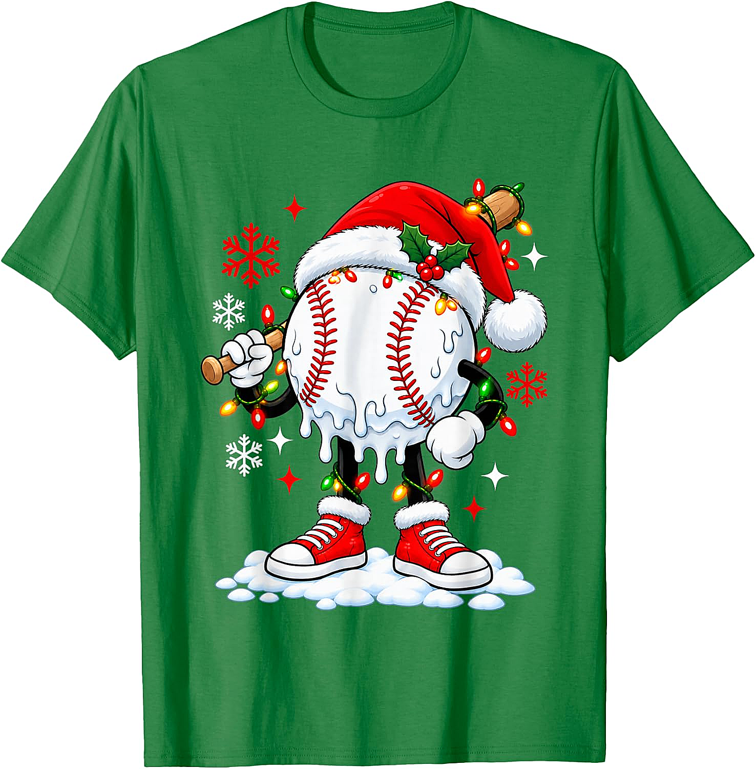 Christmas Baseball Santa Hat Funny Lights T-Shirt