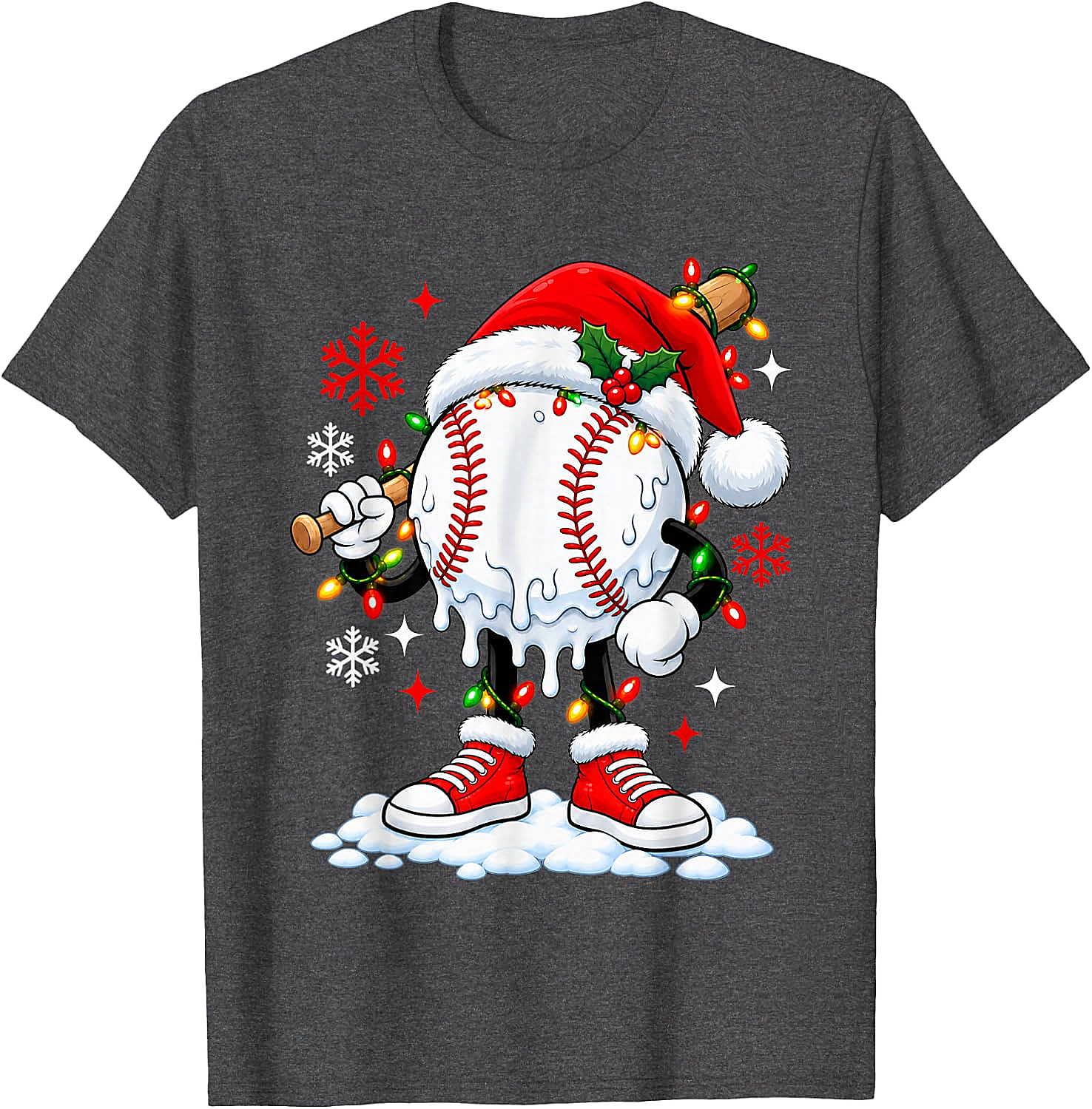 Christmas Baseball Santa Hat Funny Lights T-Shirt