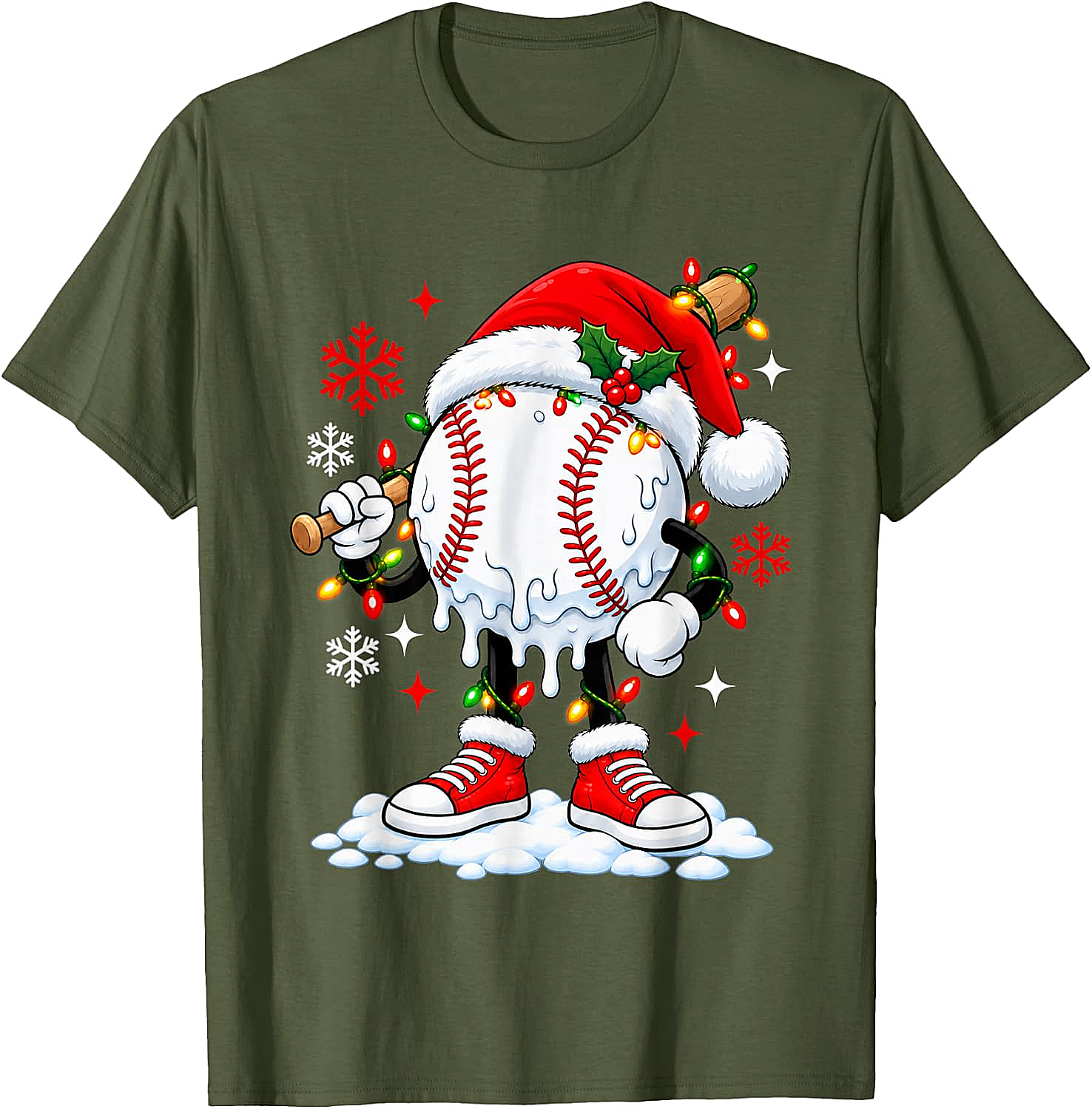 Christmas Baseball Santa Hat Funny Lights T-Shirt