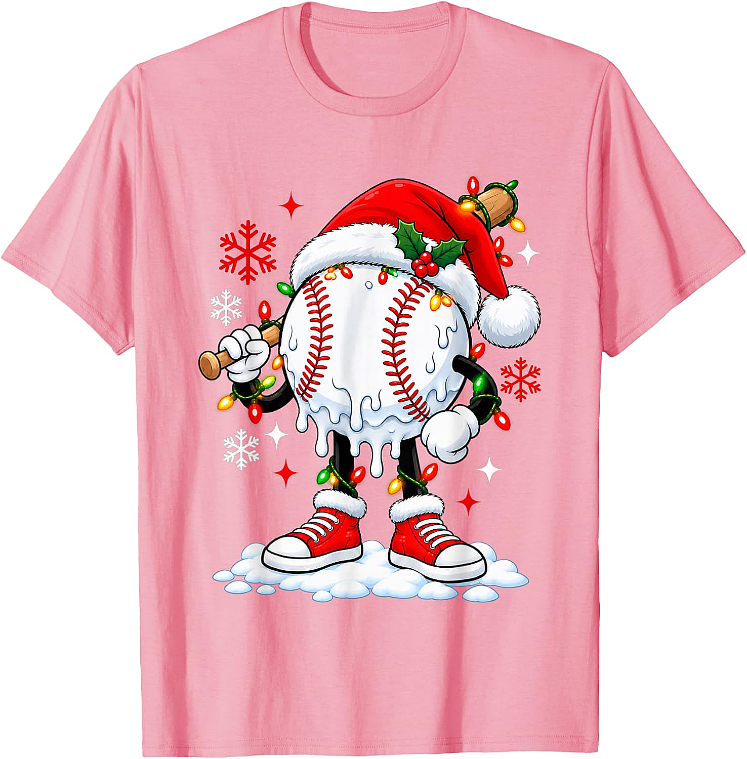 Christmas Baseball Santa Hat Funny Lights T-Shirt