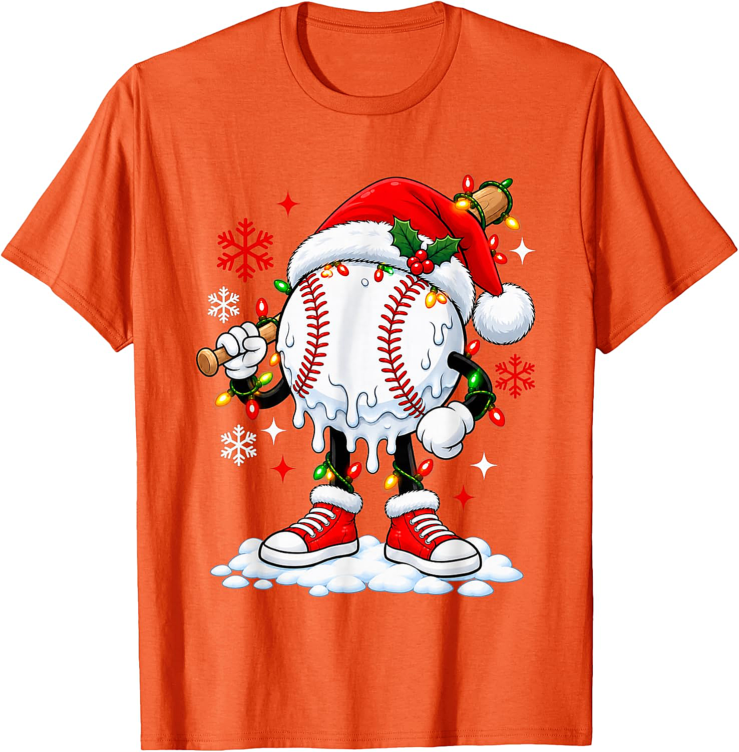 Christmas Baseball Santa Hat Funny Lights T-Shirt