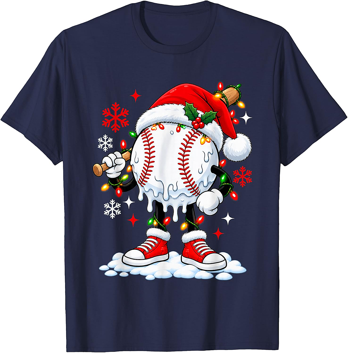 Christmas Baseball Santa Hat Funny Lights T-Shirt