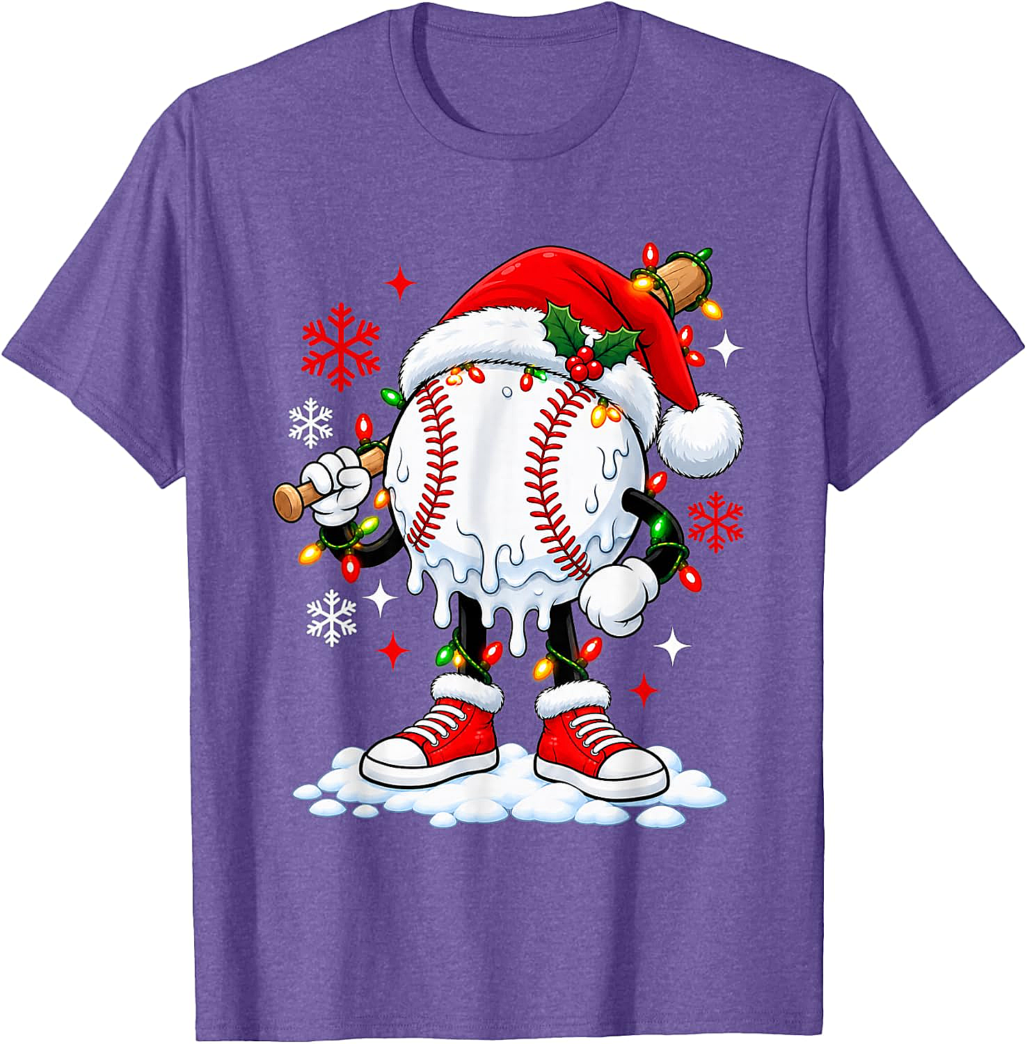 Christmas Baseball Santa Hat Funny Lights T-Shirt