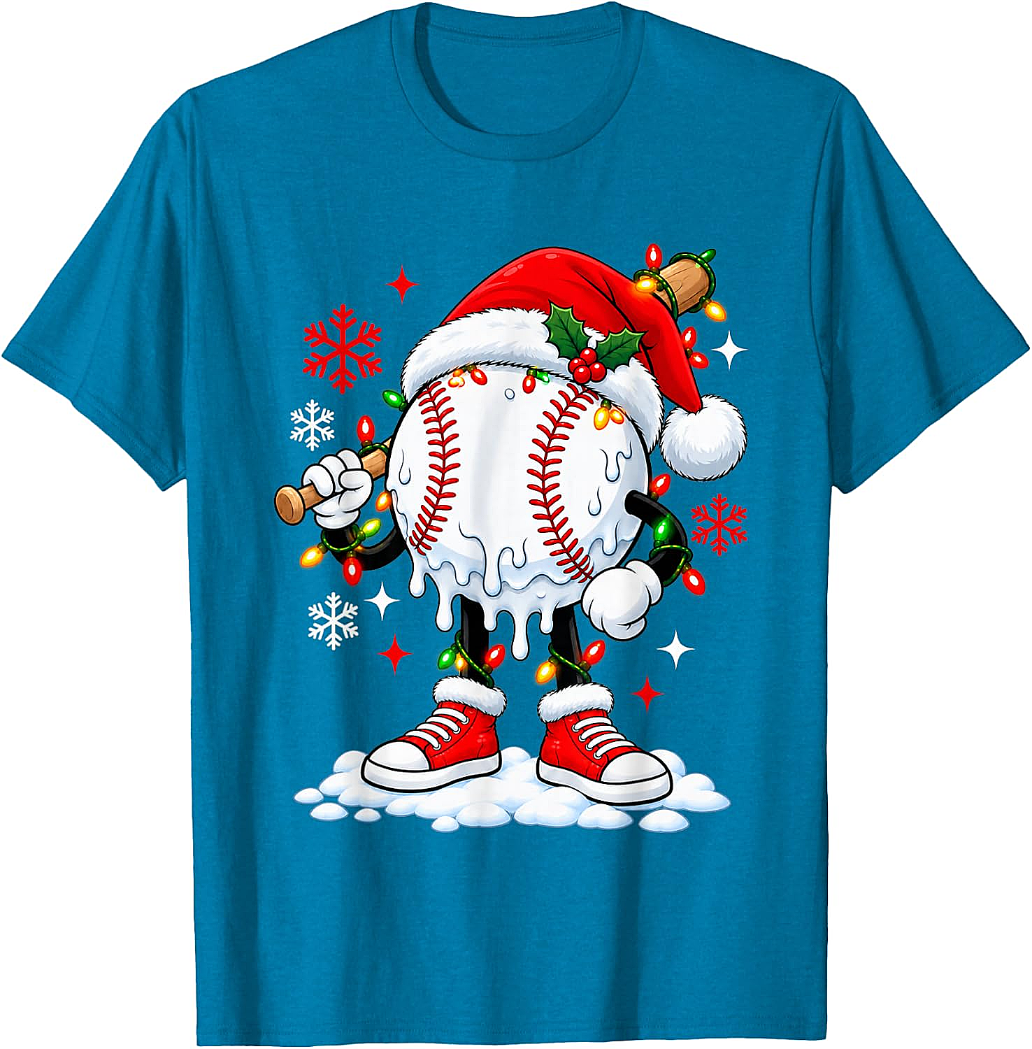 Christmas Baseball Santa Hat Funny Lights T-Shirt