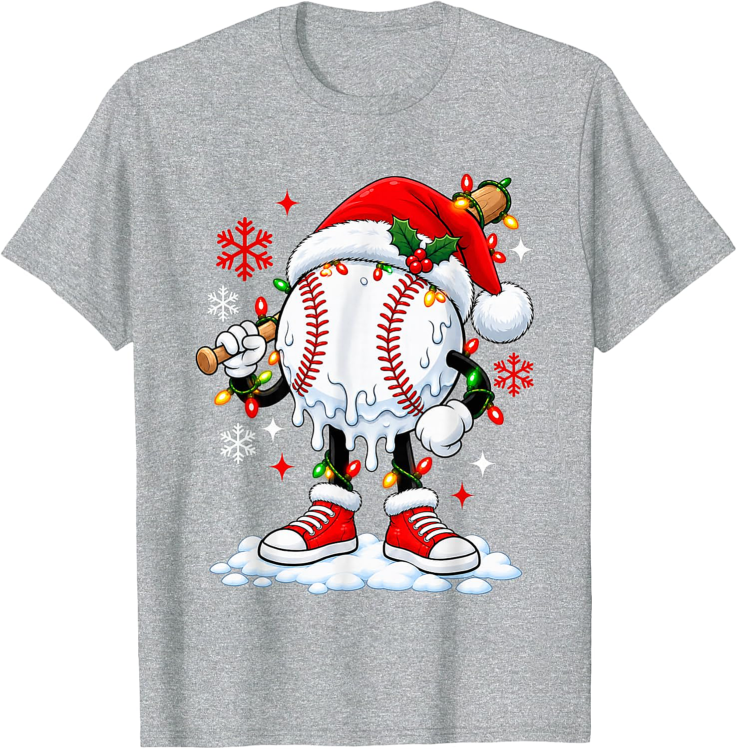 Christmas Baseball Santa Hat Funny Lights T-Shirt