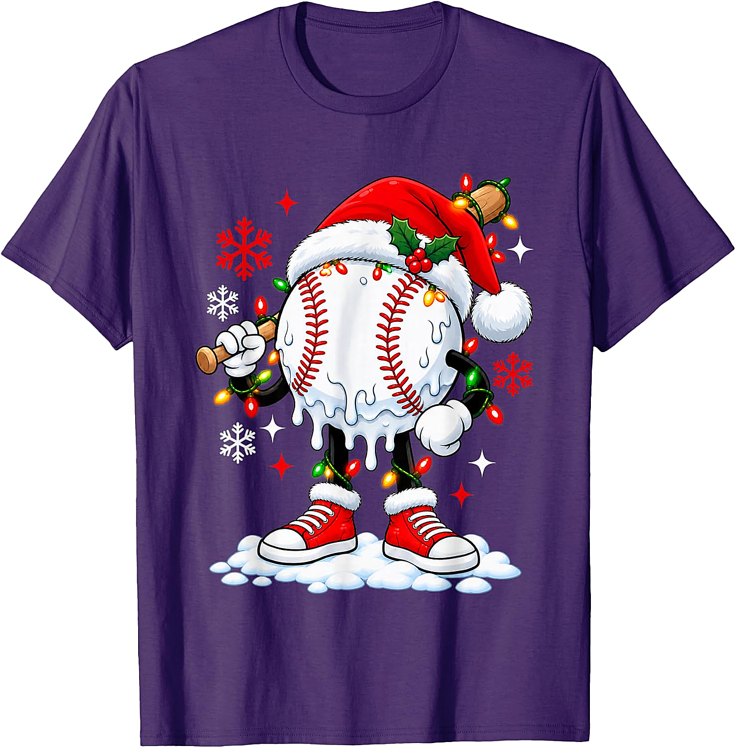 Christmas Baseball Santa Hat Funny Lights T-Shirt