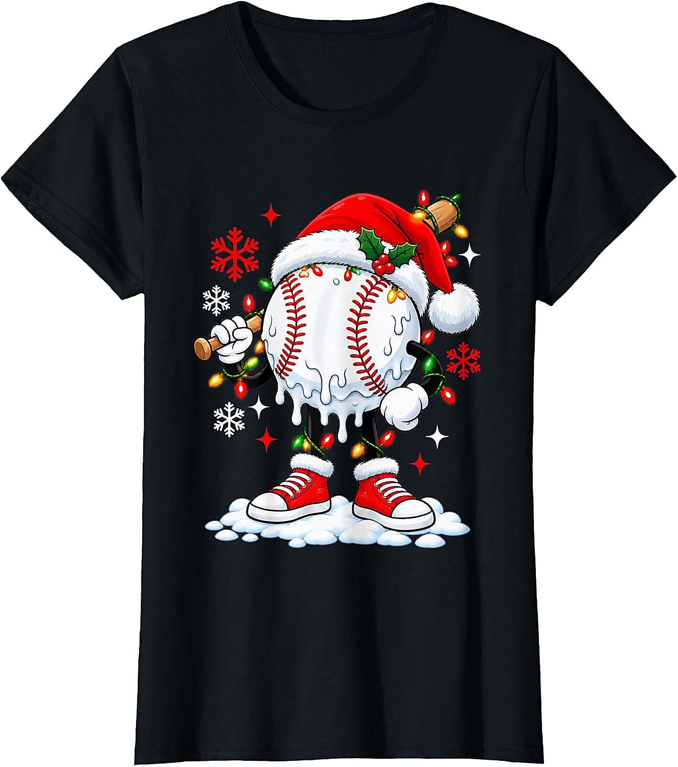 Christmas Baseball Santa Hat Funny Lights T-Shirt