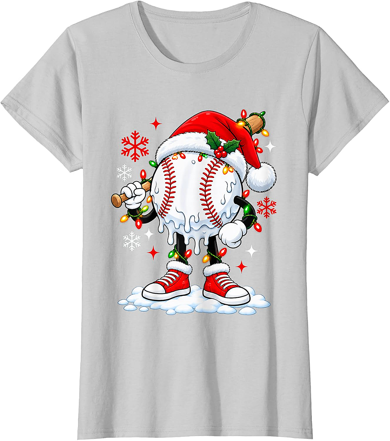 Christmas Baseball Santa Hat Funny Lights T-Shirt