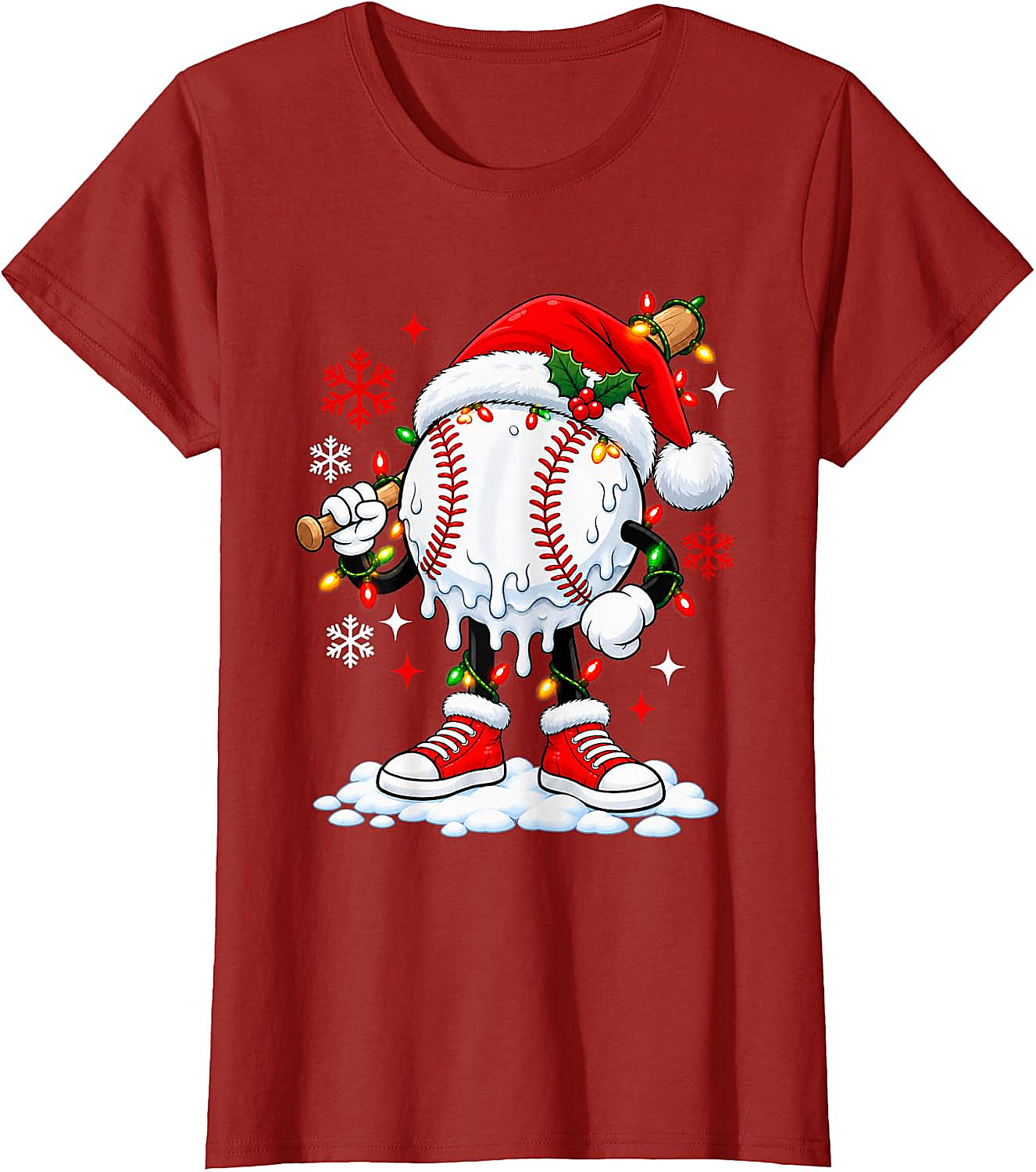 Christmas Baseball Santa Hat Funny Lights T-Shirt