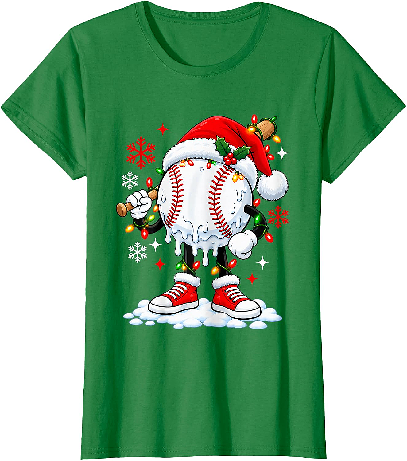 Christmas Baseball Santa Hat Funny Lights T-Shirt