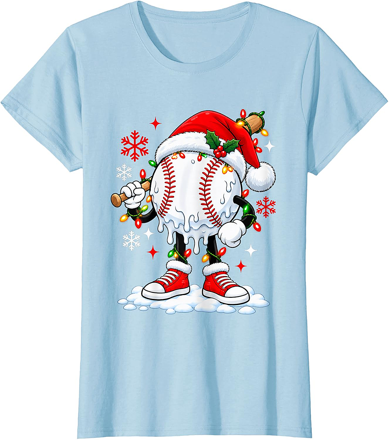 Christmas Baseball Santa Hat Funny Lights T-Shirt