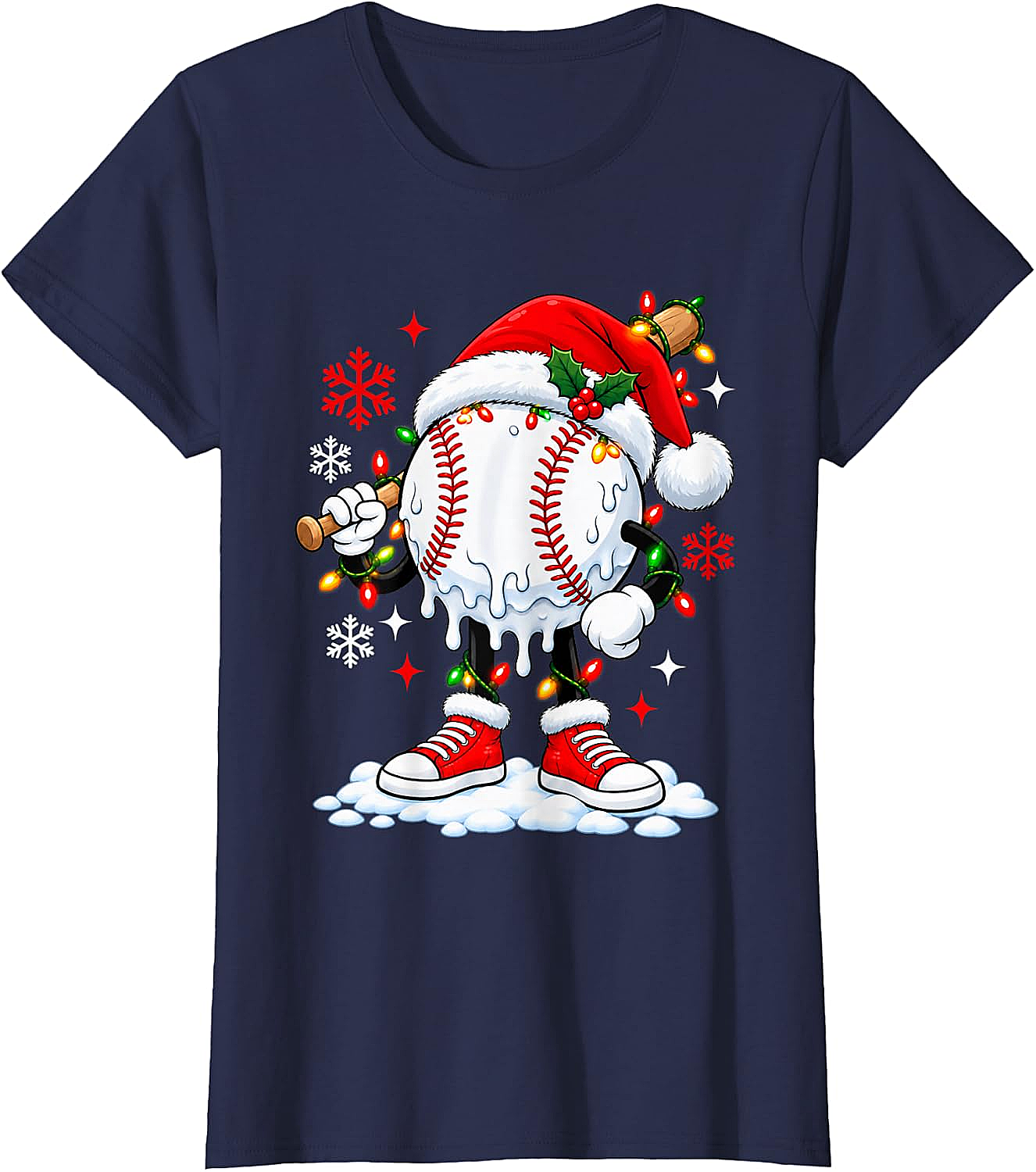 Christmas Baseball Santa Hat Funny Lights T-Shirt
