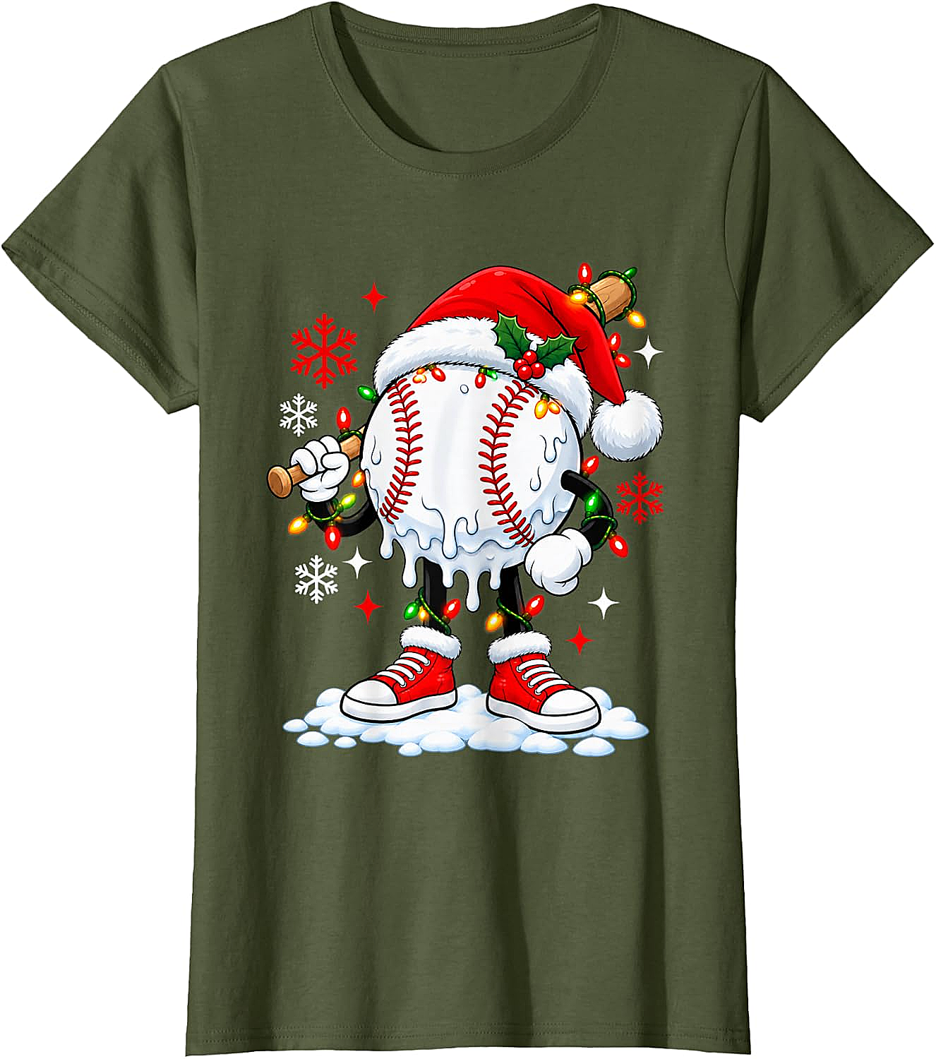 Christmas Baseball Santa Hat Funny Lights T-Shirt