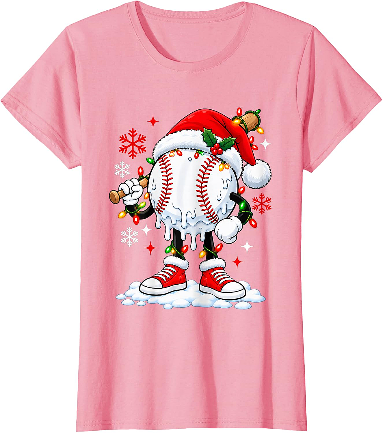 Christmas Baseball Santa Hat Funny Lights T-Shirt
