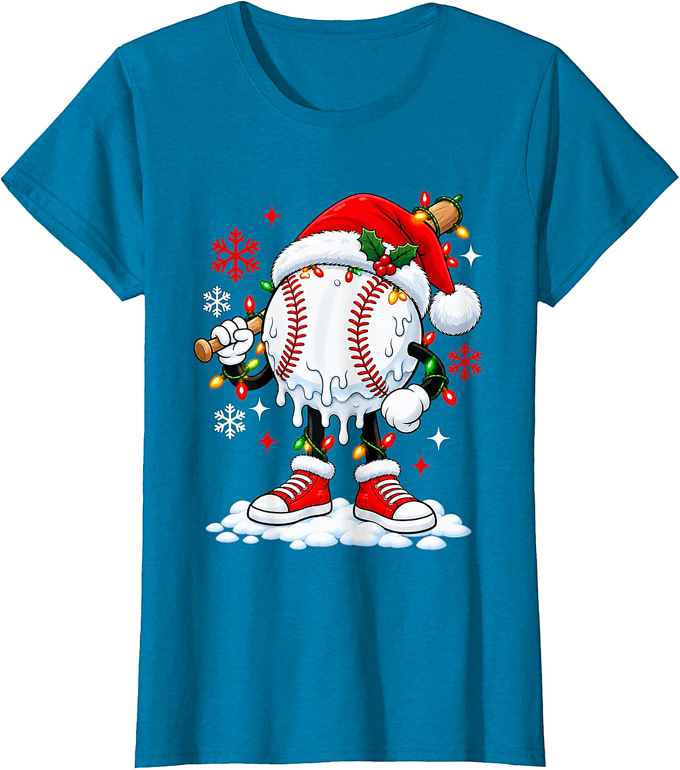Christmas Baseball Santa Hat Funny Lights T-Shirt