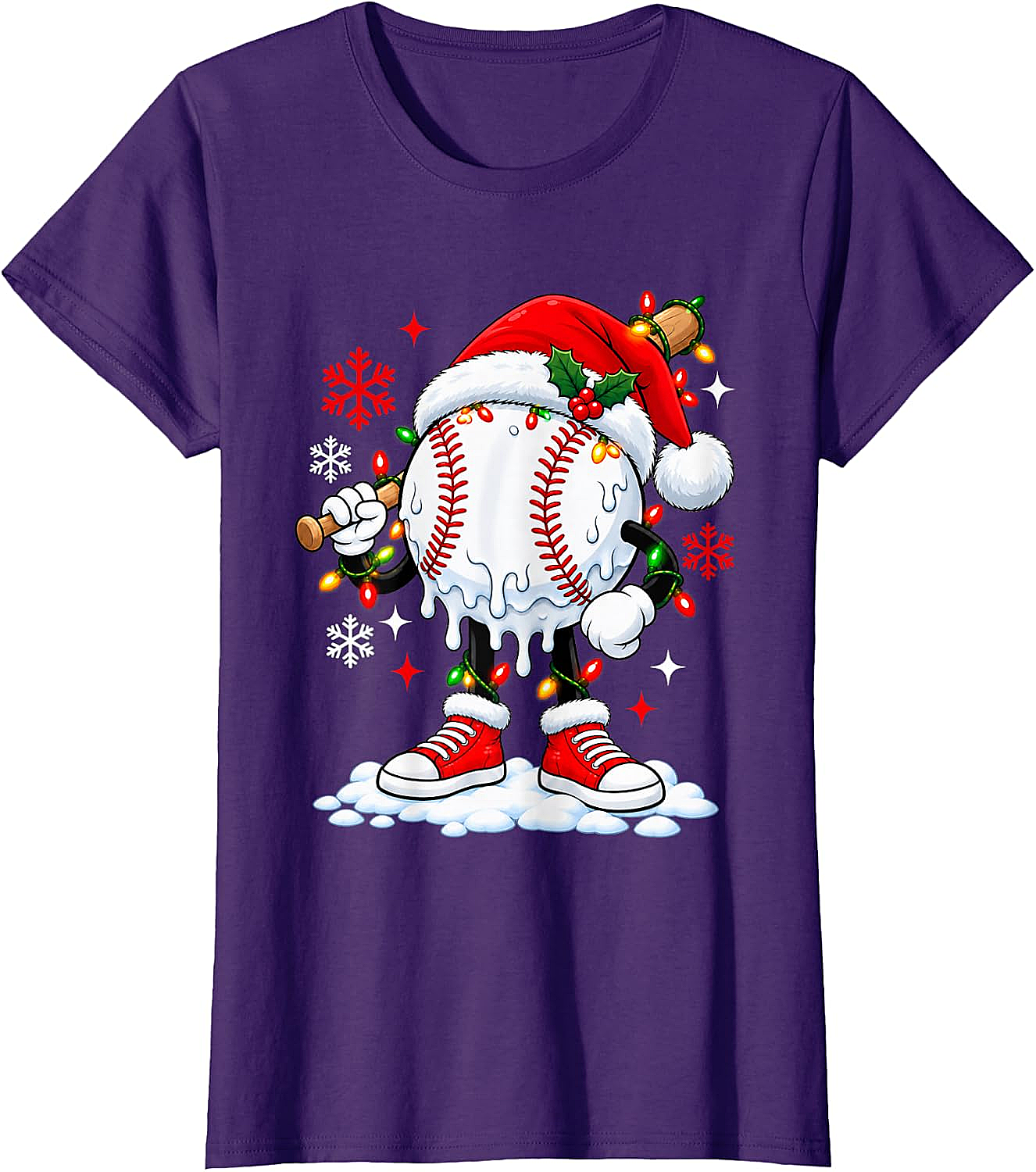 Christmas Baseball Santa Hat Funny Lights T-Shirt