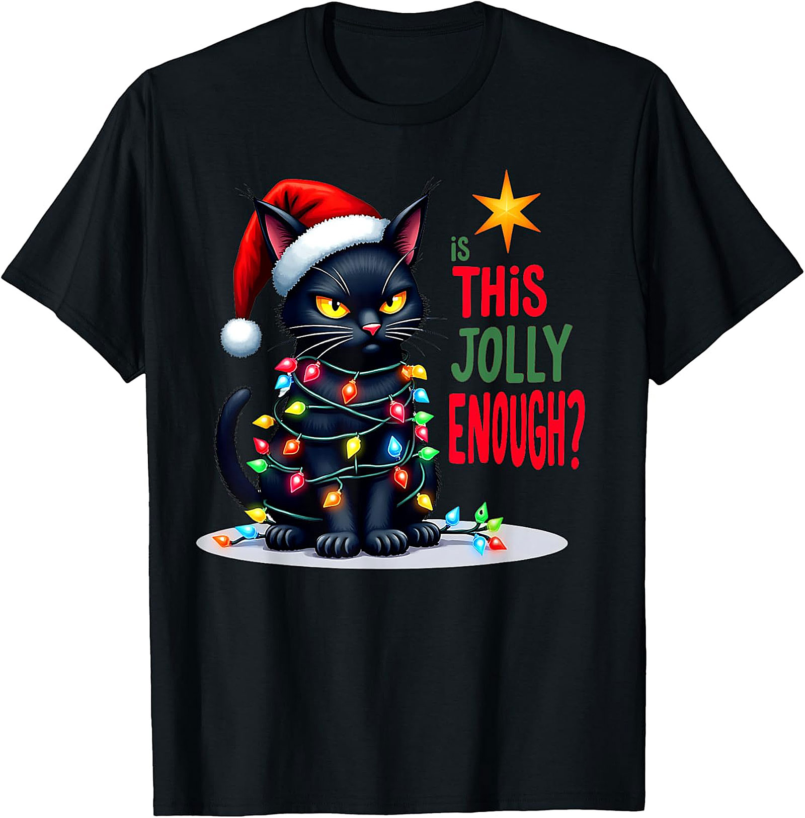 Grumpy Black Cat Christmas Lights T-Shirt | Jolly Enough Tee