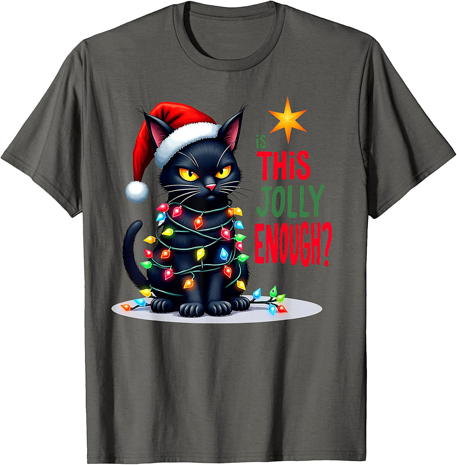  Grumpy Black Cat Christmas Lights T-Shirt | Jolly Enough Tee