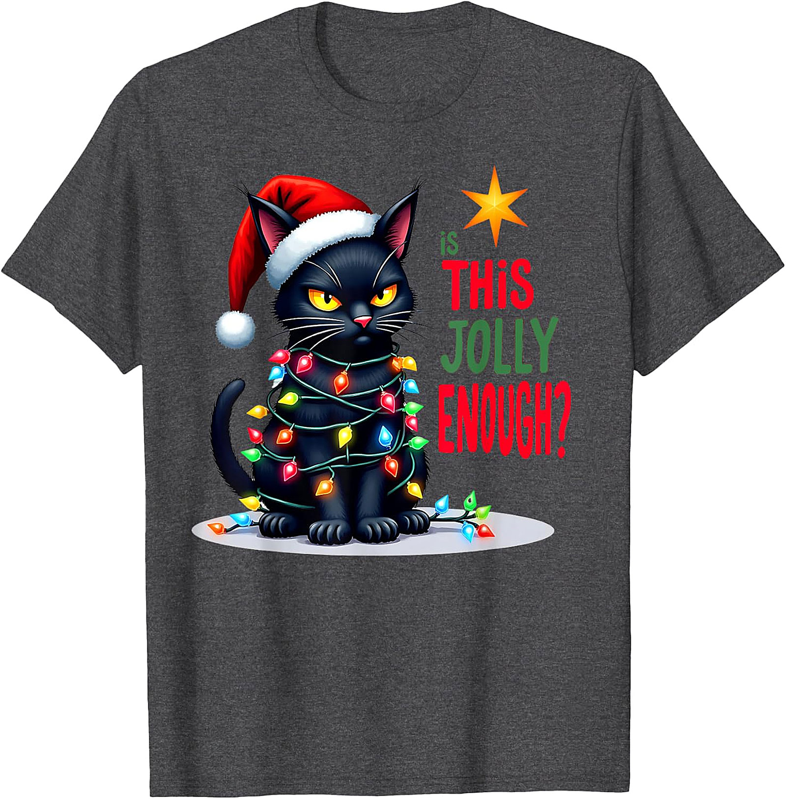  Grumpy Black Cat Christmas Lights T-Shirt | Jolly Enough Tee